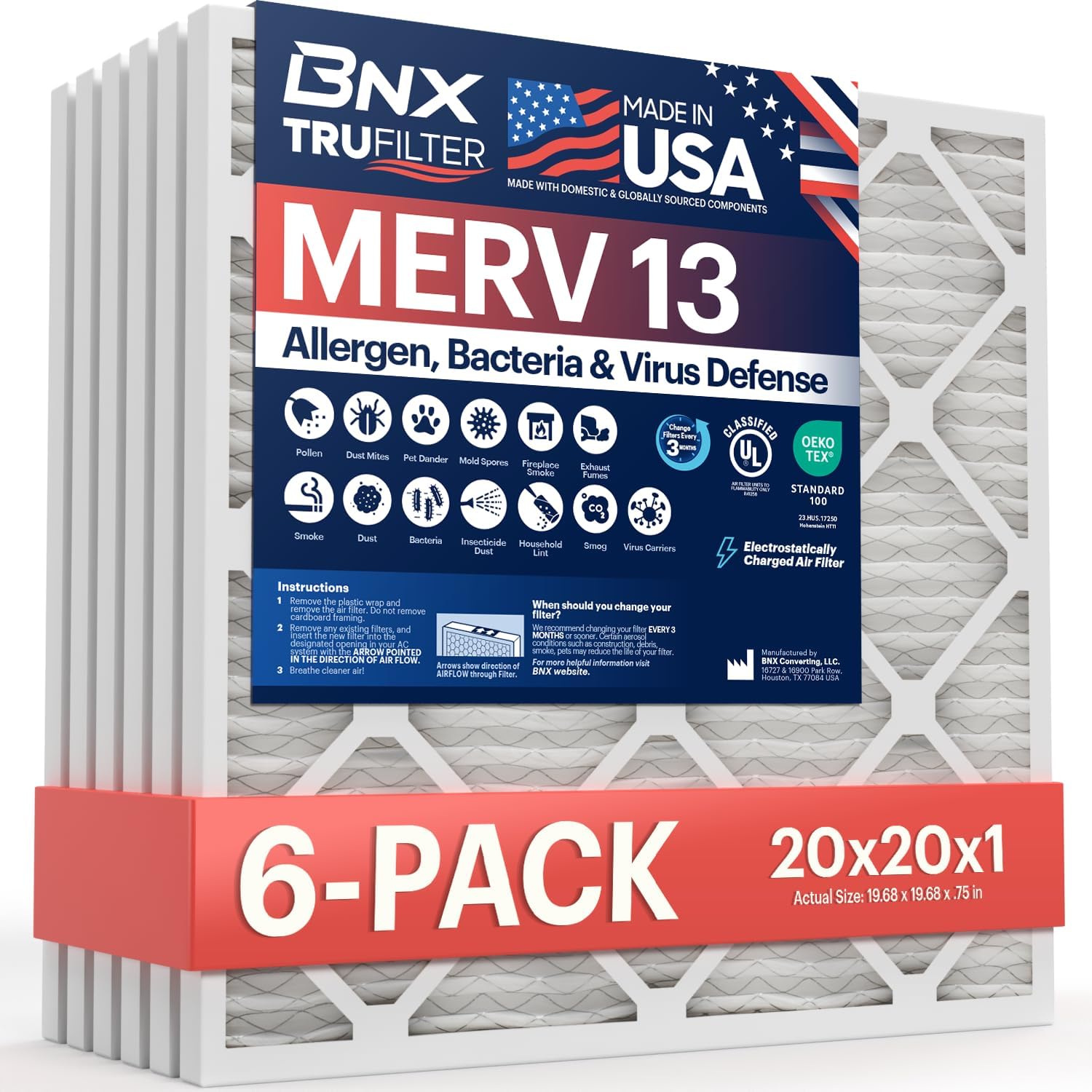 BNX TruFilter 20x20x1 Air Filter MERV 13 (6-Pack) - MADE IN USA - Electrostatic TLeated Air Conditioner HVAC AC Furnace Filters for Allergies, Pollen, Mold, Bacteria, Smoke, Allergen, MPR 1900 FPR 10
