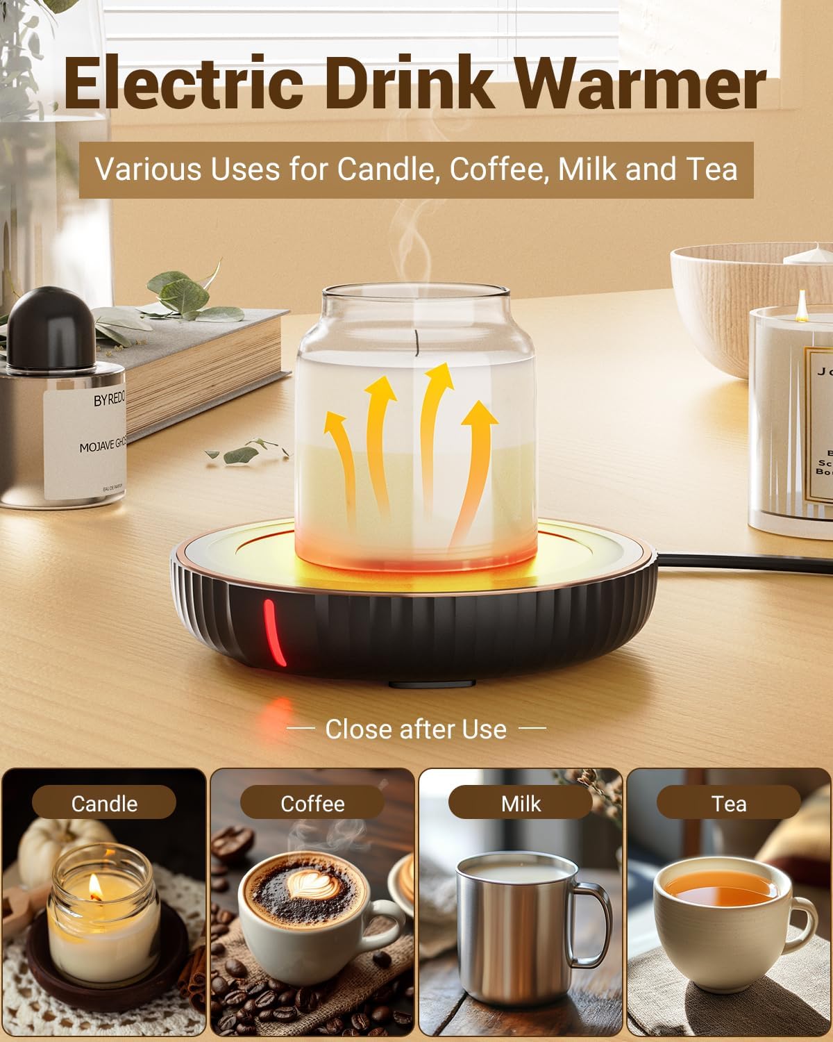 HouseGem Large Candle Warmer TLate - Coffee Cup Mug Warmer for Desk, Candle Melter, Electric Mug Heater for Beverages, Milk & Tea, Coffee Accessories Ideal Gifts Keep Cup Warm (Black)