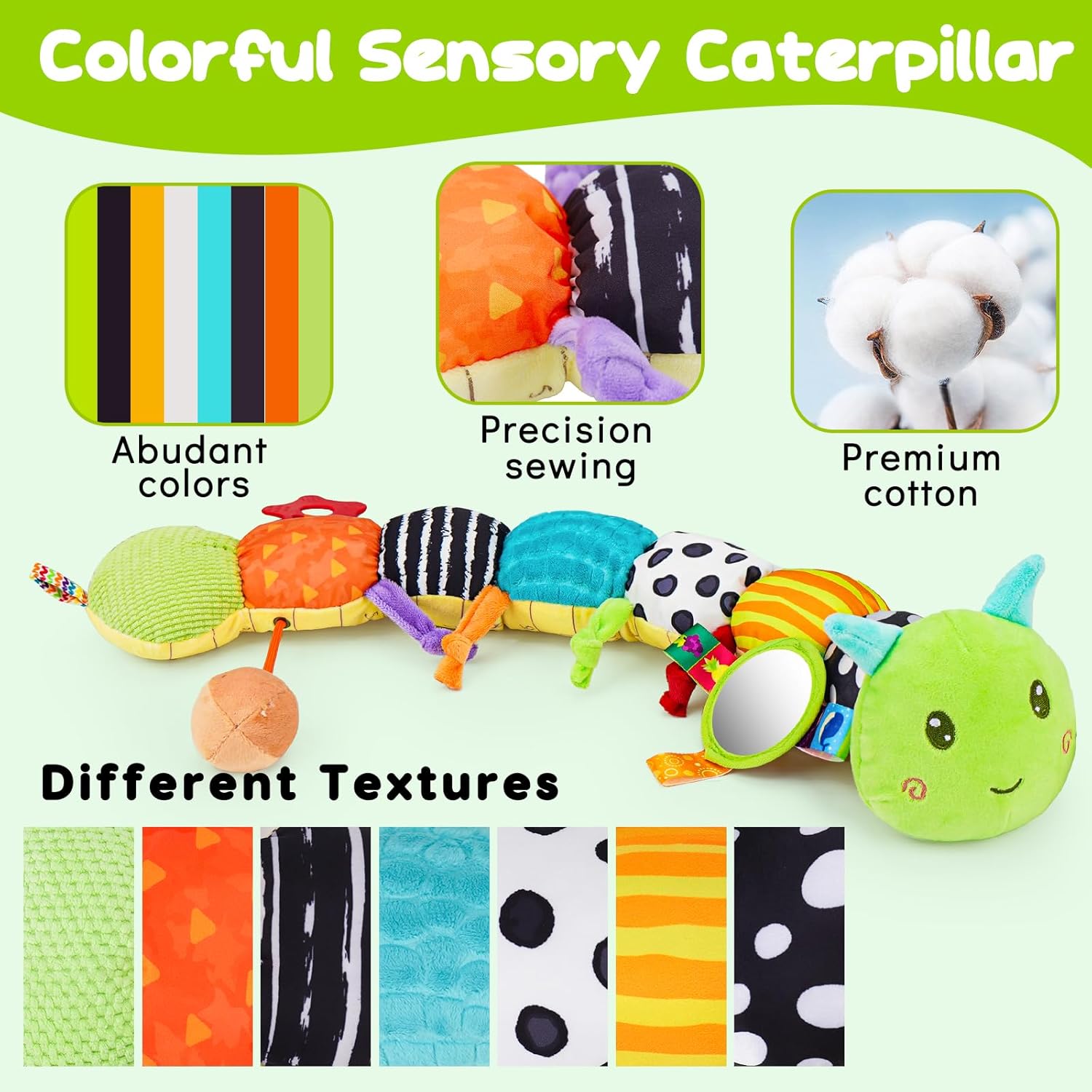 Topsochir Baby Sensory Toys 0-6 Months Music Animal Stuffed TLush Caterpillar Toy for Infant 0-3-6-12 Month Old Tummy Time with Mirror Crinkle Rattle Toys for Newborn Boys Girls Shower Birthday Gifts