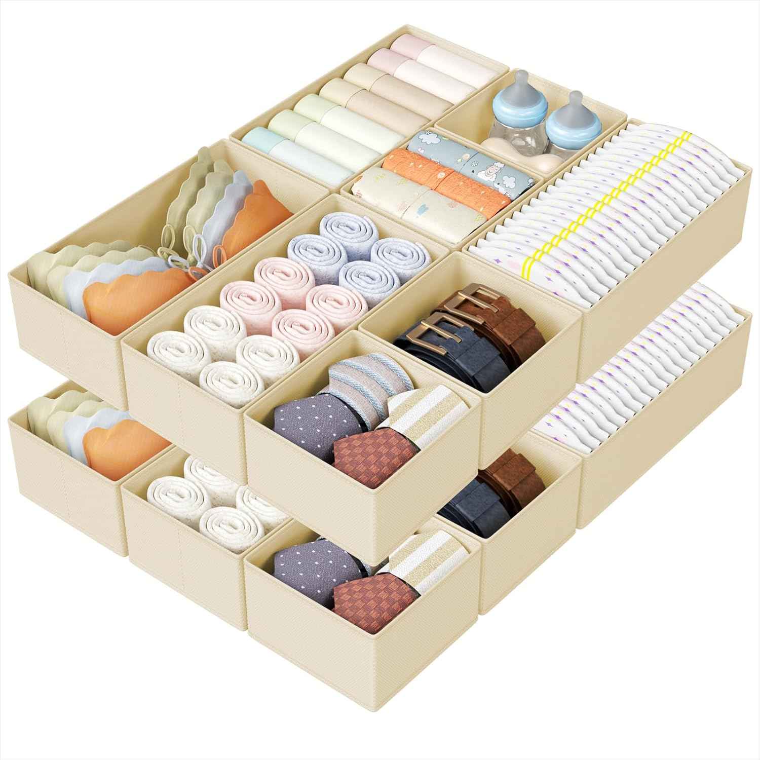 DIMJ Drawer Organizers Clothes, Set of 4 Dresser Organizer Bins, Fabric Closet Organizers and Storage, Shallow Drawer Dividers for Nursery, Clothing, Baby Clothes, Socks, Underwears, Tie (Beige)