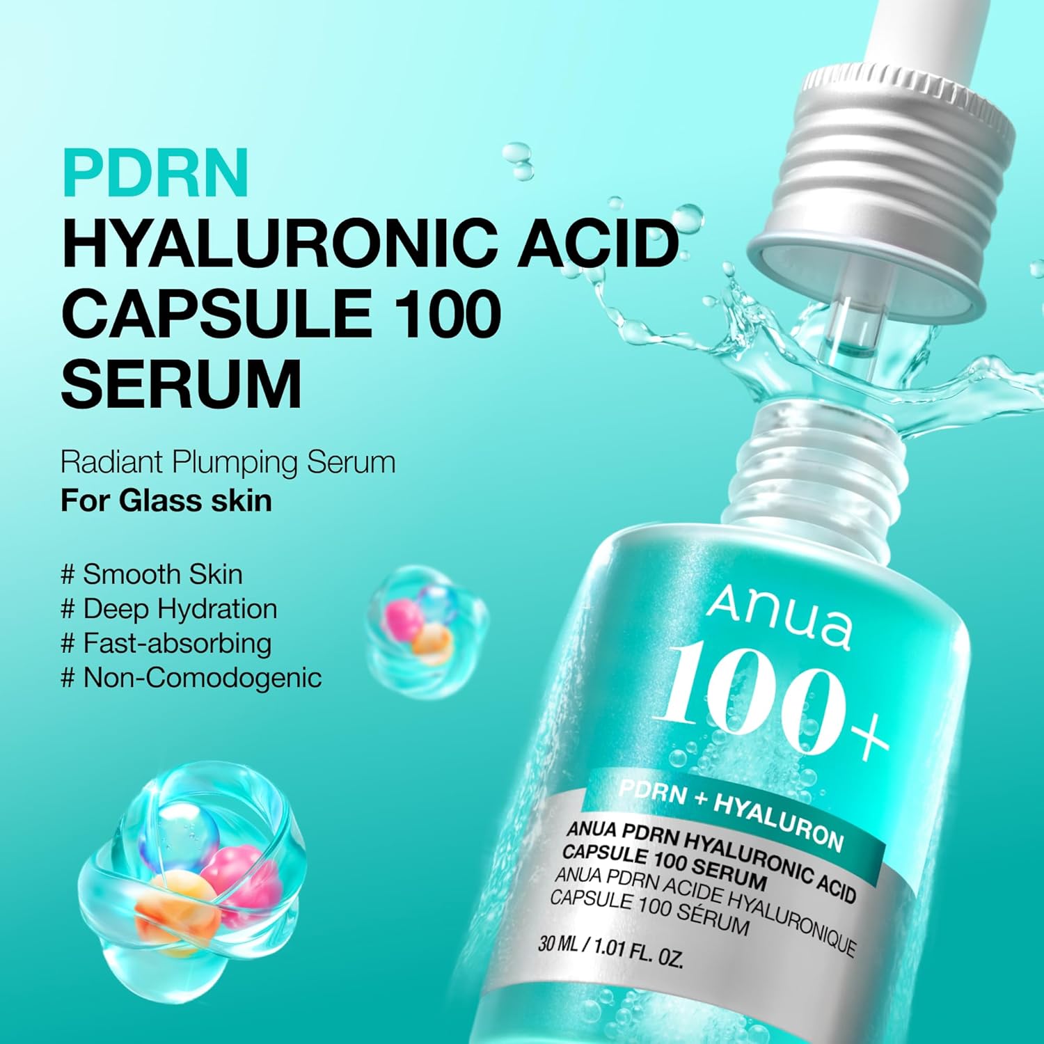 Anua PDRN Hyaluronic Acid Capsule 100 Serum, Radiant Face Serum, Salmon DNA, Hyaluronic Acid, Hydration, Moisture TLumping Effect, Lightweight, Glass Skin, Korean Skincare, 1.01 fl. oz