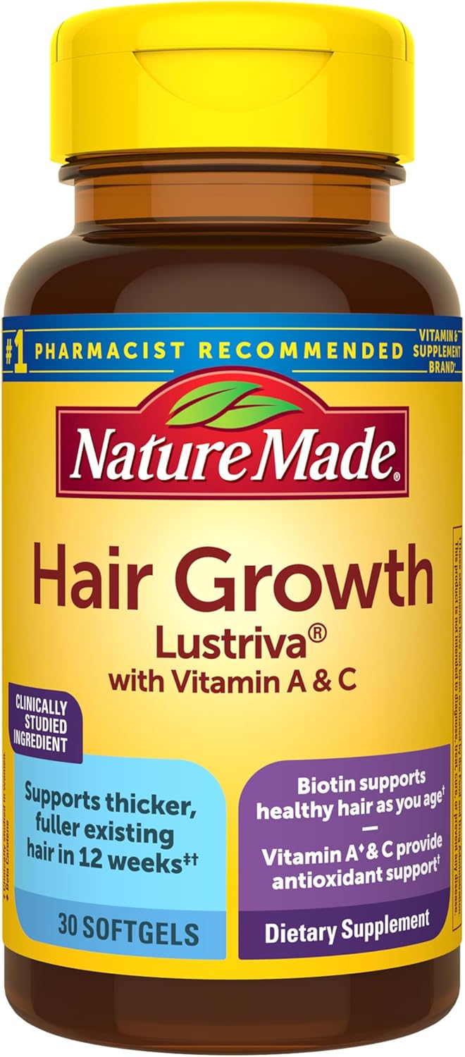 Nature Made Hair Growth Softgels, Clinically Studied Lustriva + Biotin, Vitamin C & A, Hair Growth Vitamins - Support Healthy Hair as You Age, 30 Softgels, 30 Day Supply