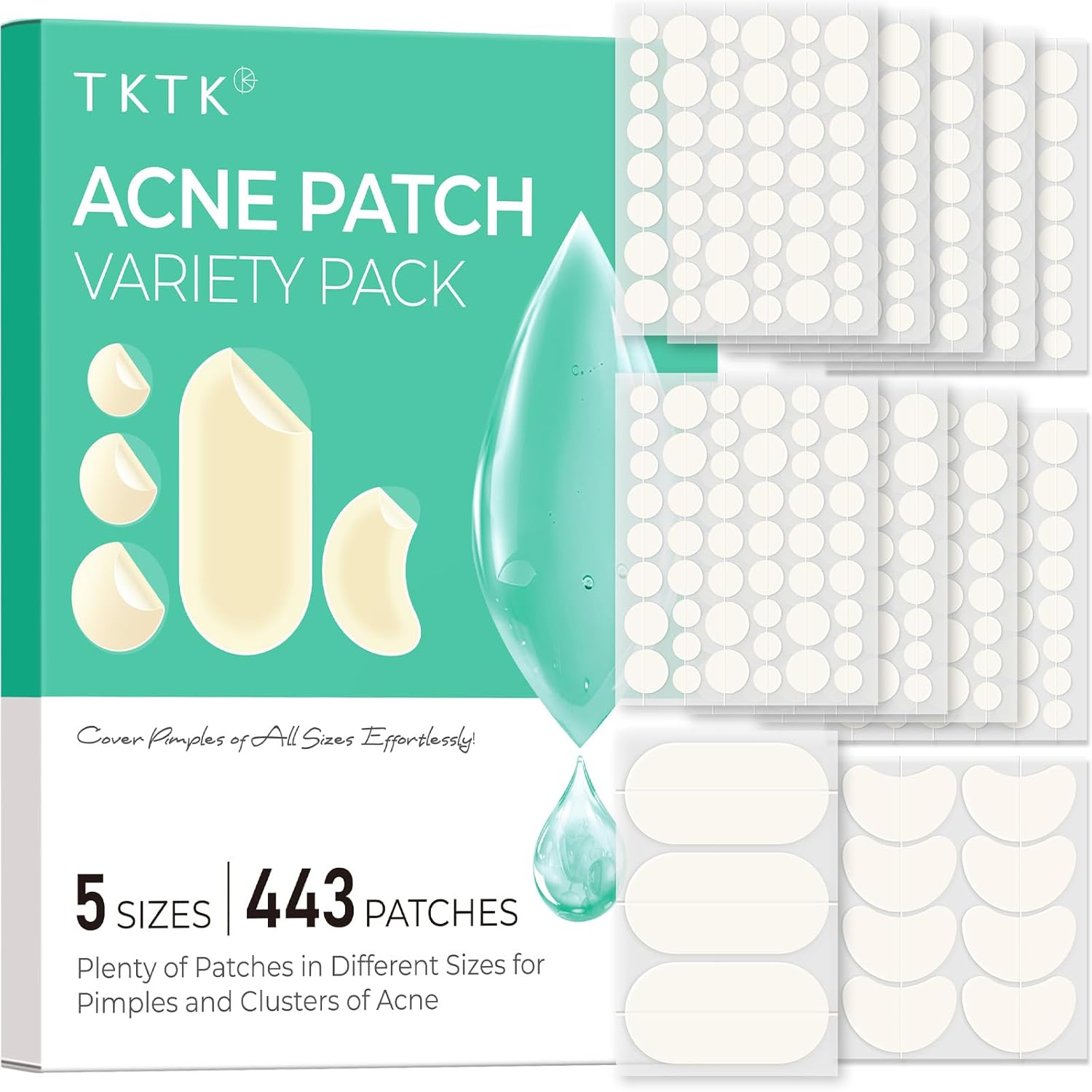 TKTK 443 Count PimTLe Patches for Face, Hydrocolloid Acne Patch Bulk, Acne Stickers for Covering Cheeks, Forehead, Chin Blemishes Zit Breakouts for All Skin Types (Dots, Strip, Contoured 5 Sizes)