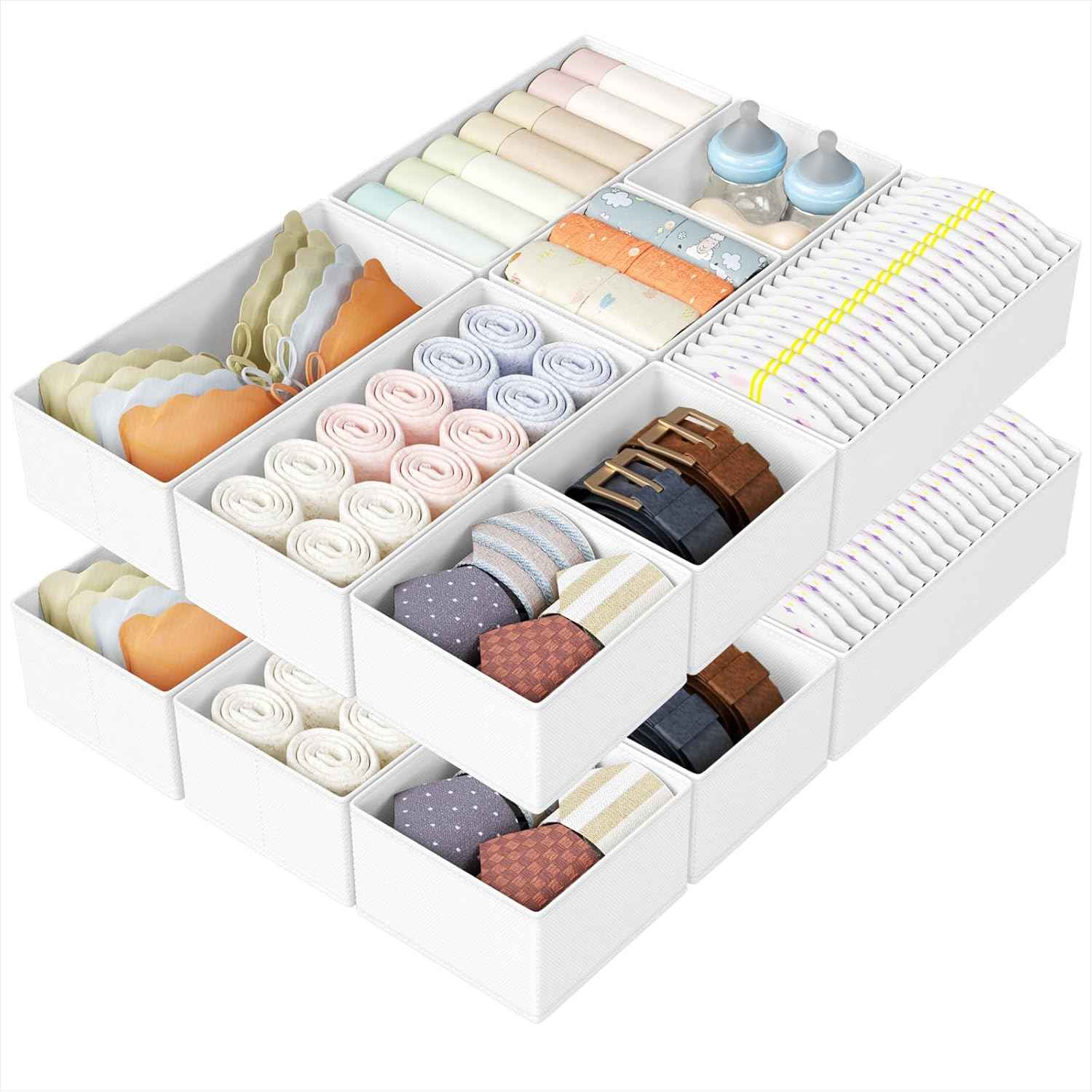 DIMJ Drawer Organizers Clothes, Set of 4 Dresser Organizer Bins, Fabric Closet Organizers and Storage, Shallow Drawer Dividers for Nursery, Clothing, Baby Clothes, Socks, Underwears, Tie (Beige)