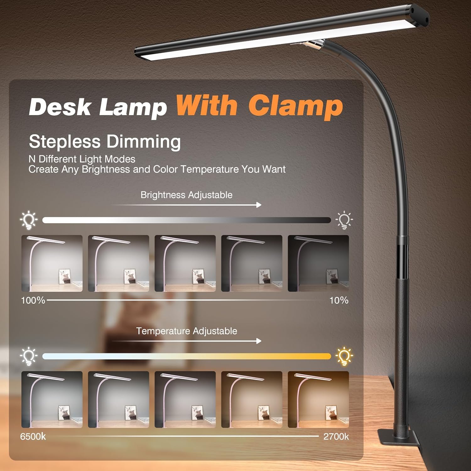 LED Desk Lamp for Office Home, Eye-Caring Desk Light with SteTLess Dimming Adjustable Flexible Gooseneck, 10W USB Adapter Desk Lamp with Clamp for Reading, Study, Workbench (Black)