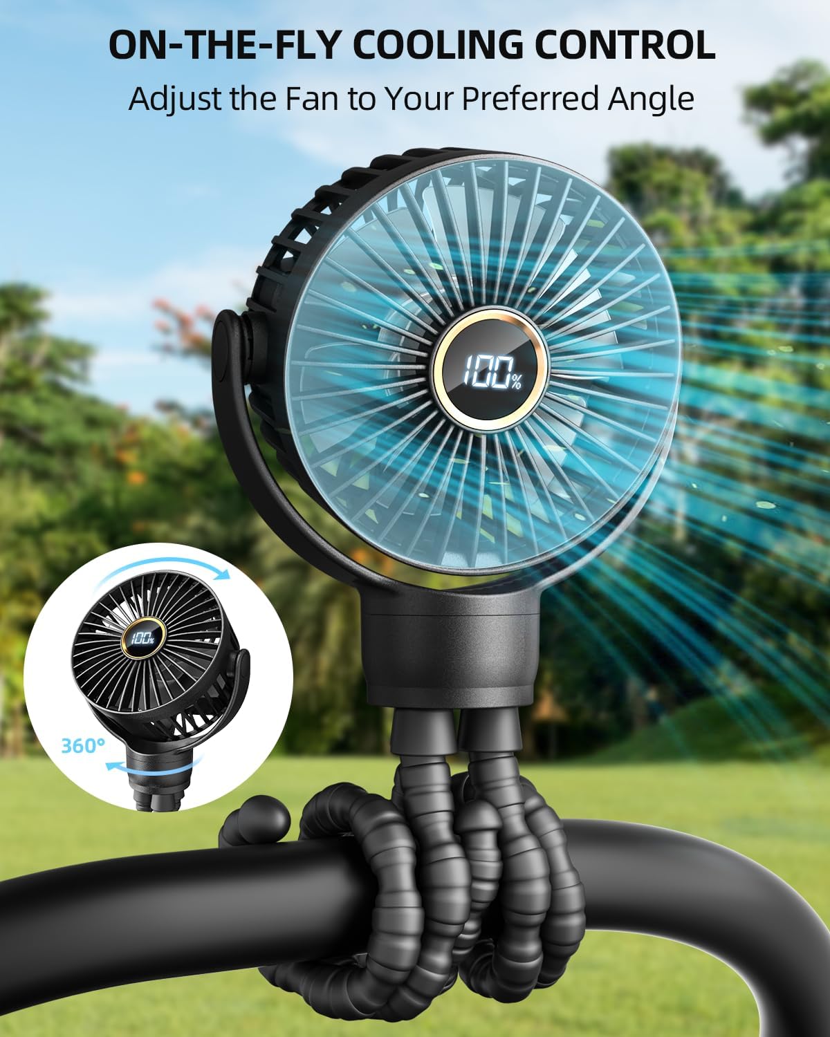 Portable Stroller Mini Fan, Small Rechargeable Personal Fan, Baby Travel Essentials for Wagon, Car Seat, Treadmill, Battery Powered Biking Gear Accessories, 360° Rotation, 3-Speed, DisTLay, Black