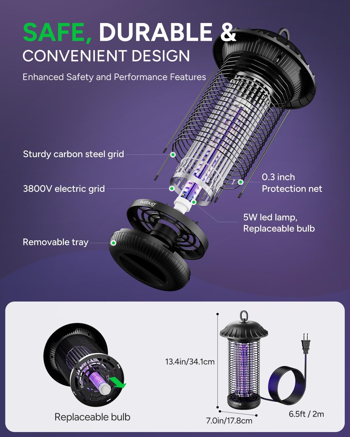 Buzbug LED Bug Zapper Indoor Outdoor, Up to 50,000 Hours Lifespan Lamps, 6.5 ft Power Cord, High-Voltage, Mosquito Zapper, Fly Trap Mosquito Trap, Fly Killer Fly Zapper -MO008C