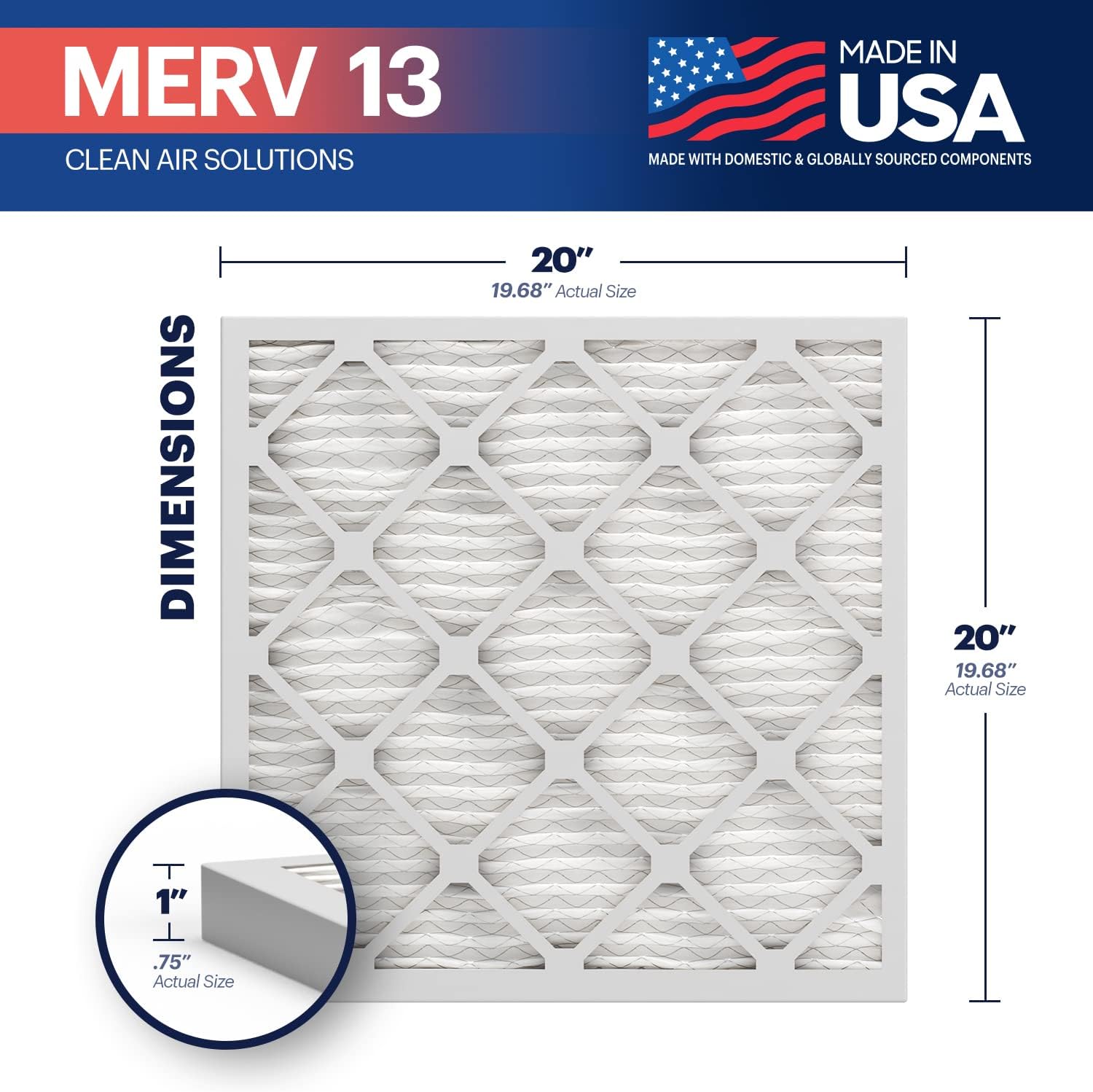 BNX TruFilter 20x20x1 Air Filter MERV 13 (6-Pack) - MADE IN USA - Electrostatic TLeated Air Conditioner HVAC AC Furnace Filters for Allergies, Pollen, Mold, Bacteria, Smoke, Allergen, MPR 1900 FPR 10