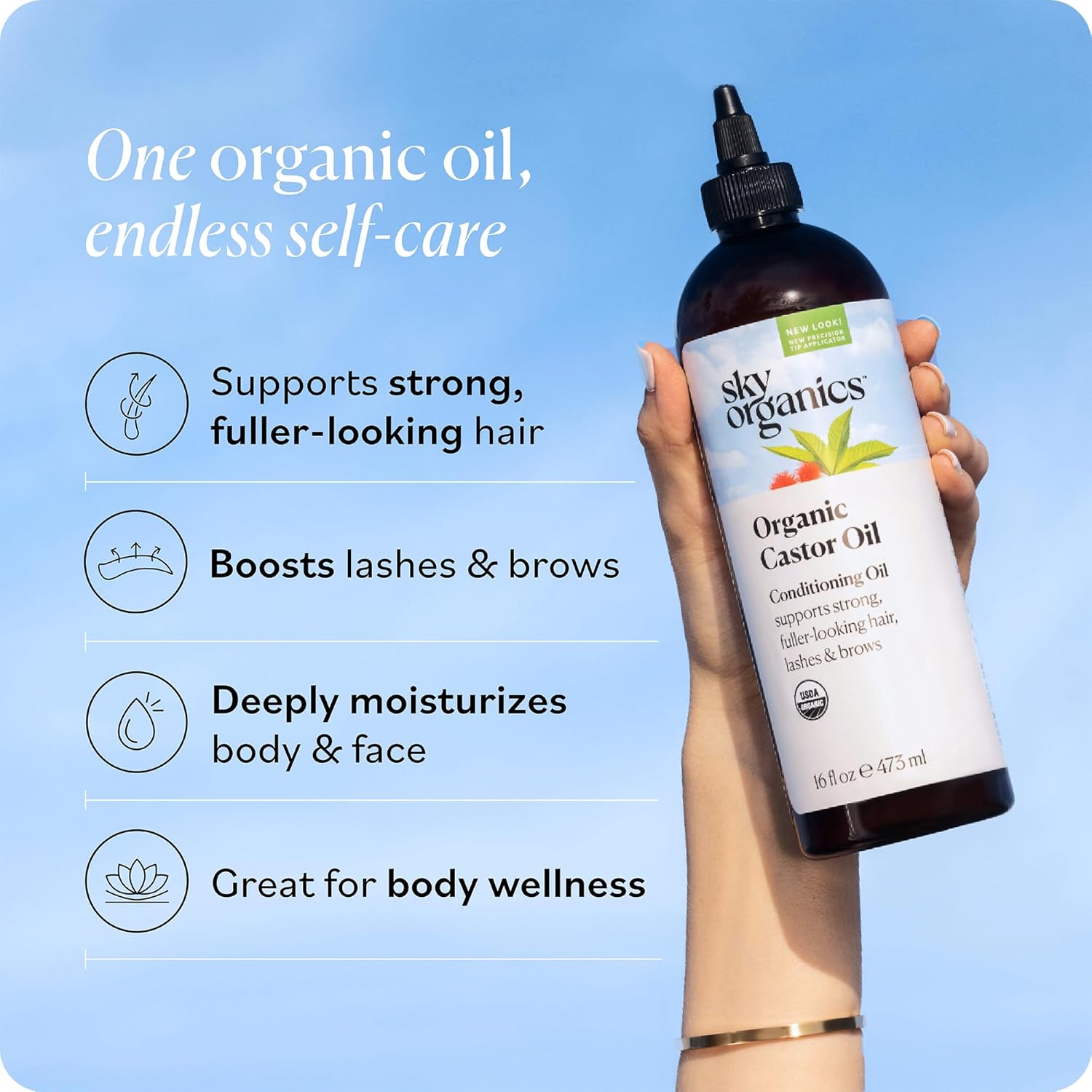 Sky Organics - Castor Oil Organic - Volumizing Hair Oil - Scalp, Lashes, Brows - Pure Castor Oil Cold Pressed - Natural Conditioner - Omega Fatty Acids, Vegan - Beauty, Hair Care, & Self Care - 16oz