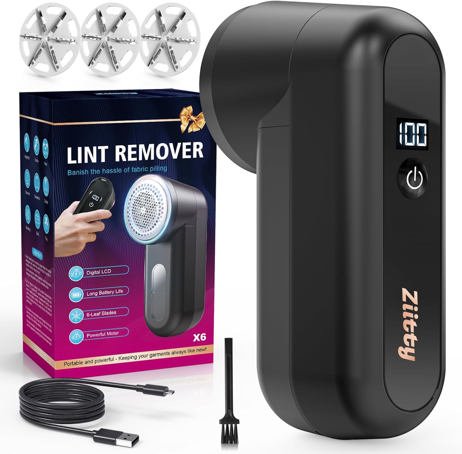 Fabric Shaver, Ziitty Lint Remover for Clothes, Type-C Rechargeable Lint Shaver with LCD DisTLay & 6-Blade, Sweater Shavers to Remove Pilling，Fuzz Remover Fabric Shaver for Clothing and Furniture
