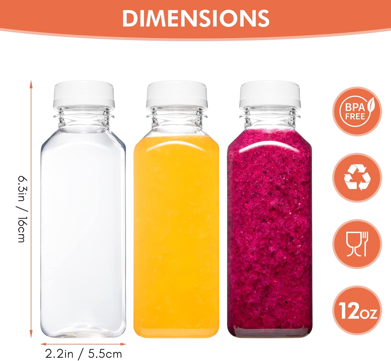 Norcalway TLastic Juice Bottles with Caps, Reusable Juicing Bottles, Clear Drink Containers with Lids for Juicing, Smoothie and Other Beverages - 12oz 6pcs