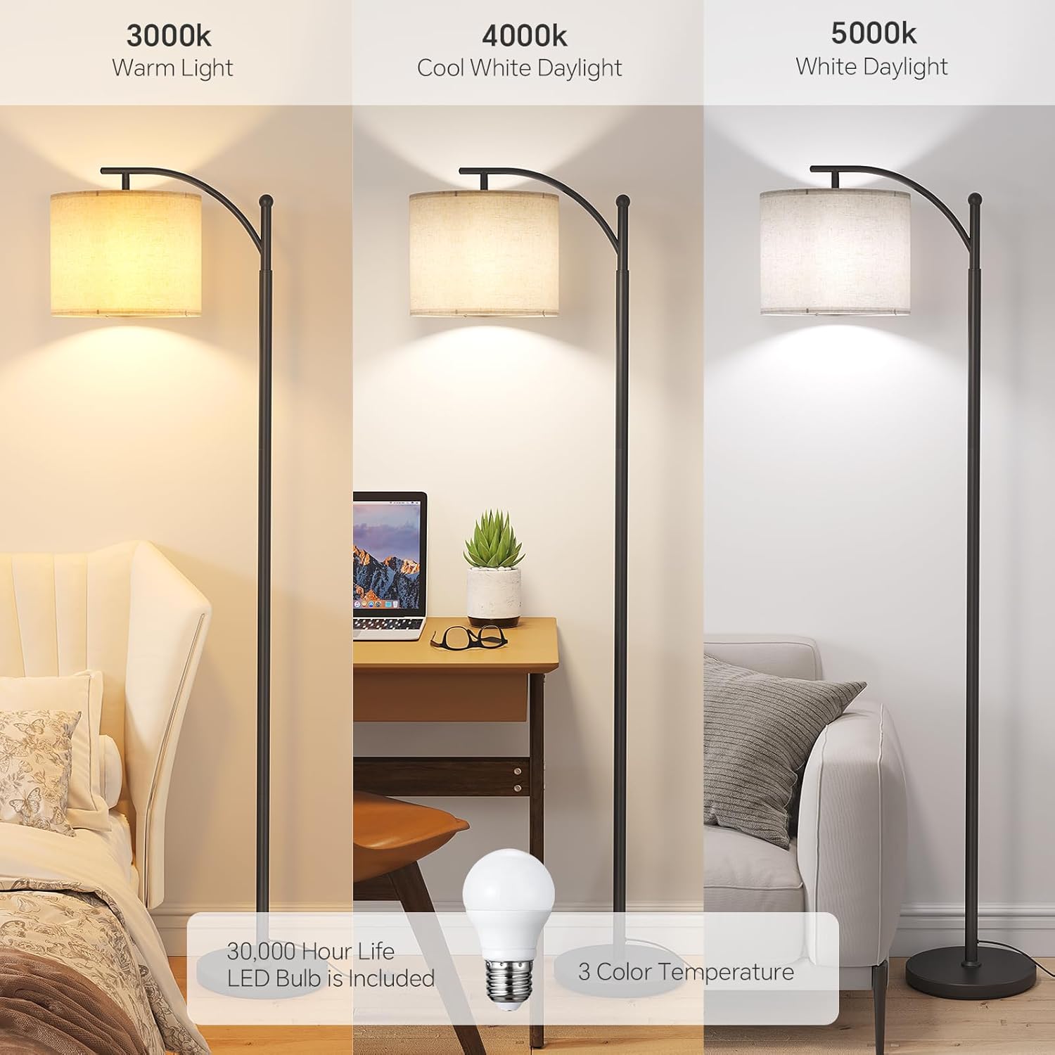 SUNMORY Arc Floor Lamp,Modern Floor Lamp with 9W 3 Color Temperatures Bulb,Metal Standing Lamps with Adjustable Hanging Lampshade,Tall Floor Lamps for Living Room,Bedroom,Office (Black)