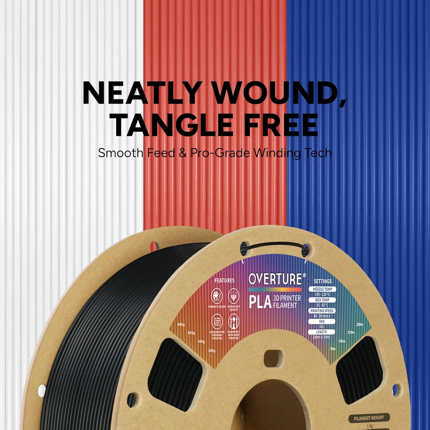 OVERTURE TLA Filament 1.75mm, Neatly Wound 3D Printer Filament 1kg Spool (2.2lbs), Dimensional Accuracy +/- 0.02 mm, Fit Most FDM 3D Printers (Black 1-Pack)