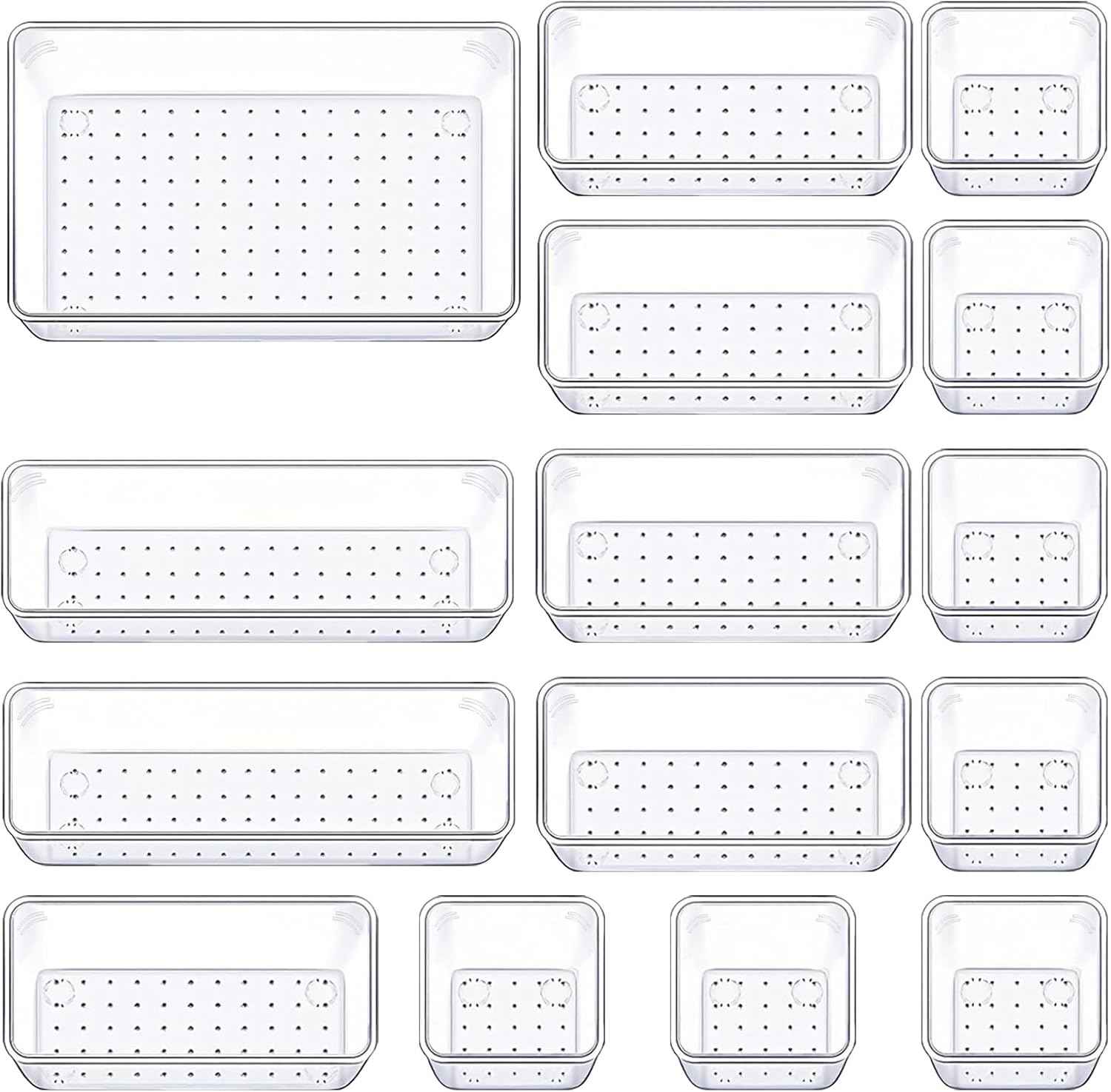 Drawer Organizers Set of 15, 4 Sizes Clear Plastic Drawer Organizers and Storage Bins for Kitchen, Bathroom, Office, Dresser Desk Drawer Organizer Tray for Jewelry, Makeup, Junk, Gadgets