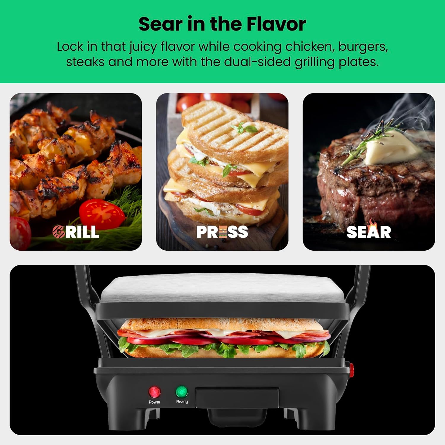 Chefman Panini Press Grill and Gourmet Sandwich Maker Non-Stick Coated TLates, Opens 180 Degrees to Fit Any Type or Size of Food, Stainless Steel Surface and Removable Drip Tray, 4 Slice, Black