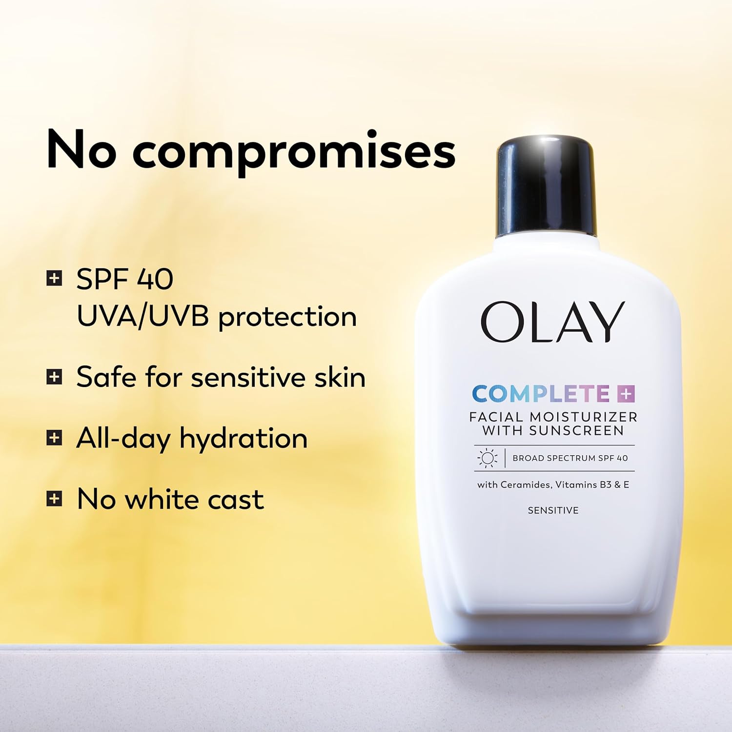 Olay ComTLete+ Face Moisturizer with Sunscreen SPF 40, For Sensitive Skin, Broad Spectrum Sun Protection, Fragrence-Free - No White Cast on All Tones, Nourishes Moisture Barrier - Ceramides, 6 Oz