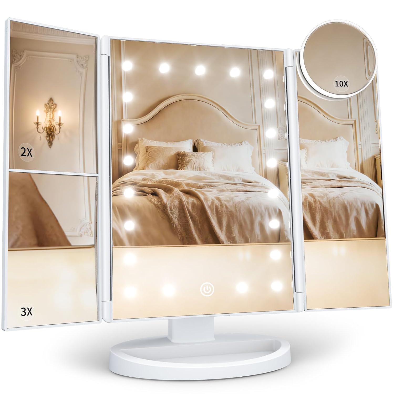 HUONUL Makeup Mirror, Vanity Mirror with Lights, 2X/3X/10X Magnification, Touch Control, Trifold, Dual Power SupTLy, Gifts for Women, Wife, Mom, Girls,Dorm Room Essentials