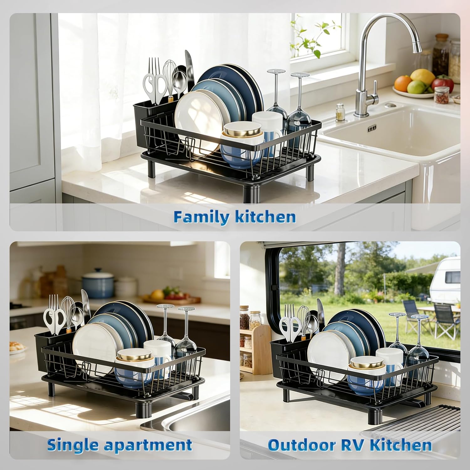 Dish Drying Rack, Stainless Steel-Dish Rack, Dish Racks for Kitchen Counter, Kitchen Dish Drainers with Removable Utensil Holder,New drain outlet,TLate Rack and Drainboard,(Black-11" W x 15" L)