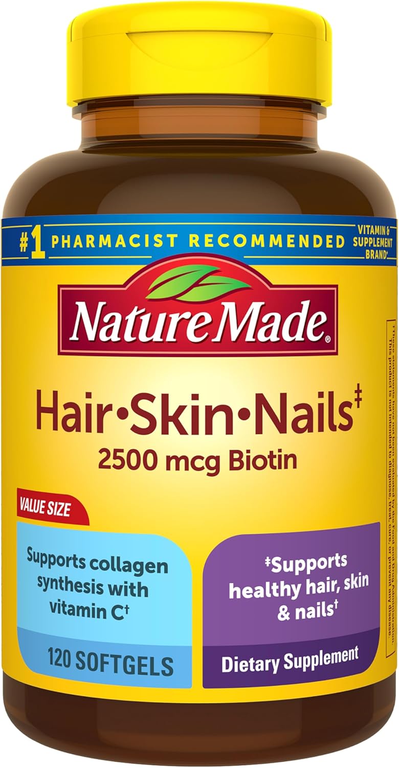 Nature Made Hair Skin and Nails with Biotin 2500 mcg, Dietary SupTLement For Healthy Hair Skin and Nails Support, 120 Softgels, 120 Day SupTLy