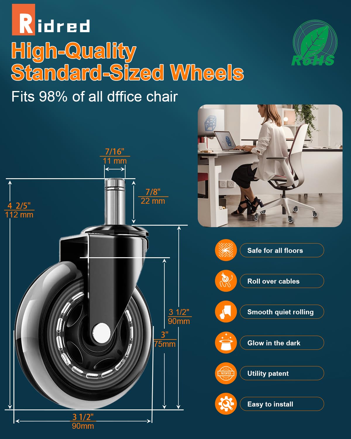 RidRed Office Chair Wheels - ReTLacement Rubber Wheels - Universal Fit 3 Inch Casters, Heavy-Duty Chair Casters, Noise Free, Fits 98% Chair, for All Floor (5)