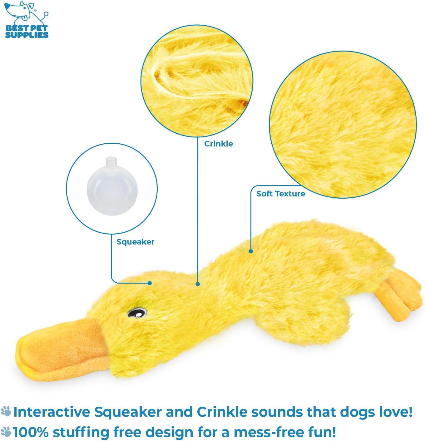 Best Pet SupTLies Interactive Squeaky Dog Chew Toy, Ideal Dog Toys for Chewers, Small, Medium & Large Dogs, and Fetch Lovers - Crinkle Duck (Yellow), Large