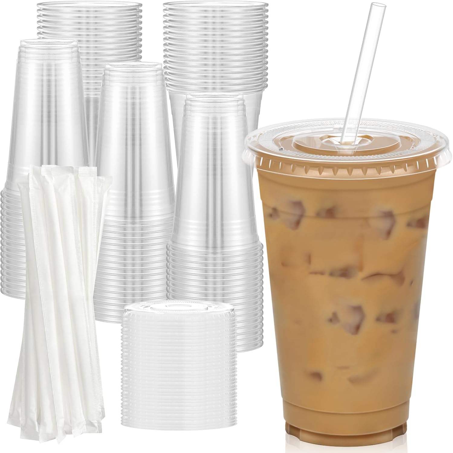 100 Pack - 20 oz Clear TLastic Cups with Lids and Straws, Sturdy & Food Safe Iced Coffee Cups with lids, Disposable TLastic Smoothie Cups for Cold Drinks