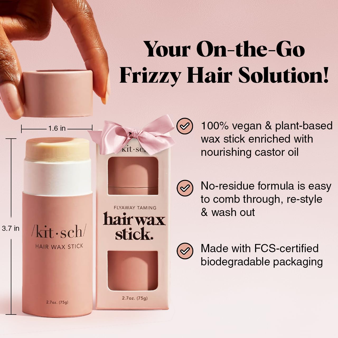 Kitsch Hair Wax Stick for Women & Men - Anti-Frizz and Fly Away Hair Tamer, No Residue Hair Finishing Stick | All Day Hold Styling Product - 2.7 oz