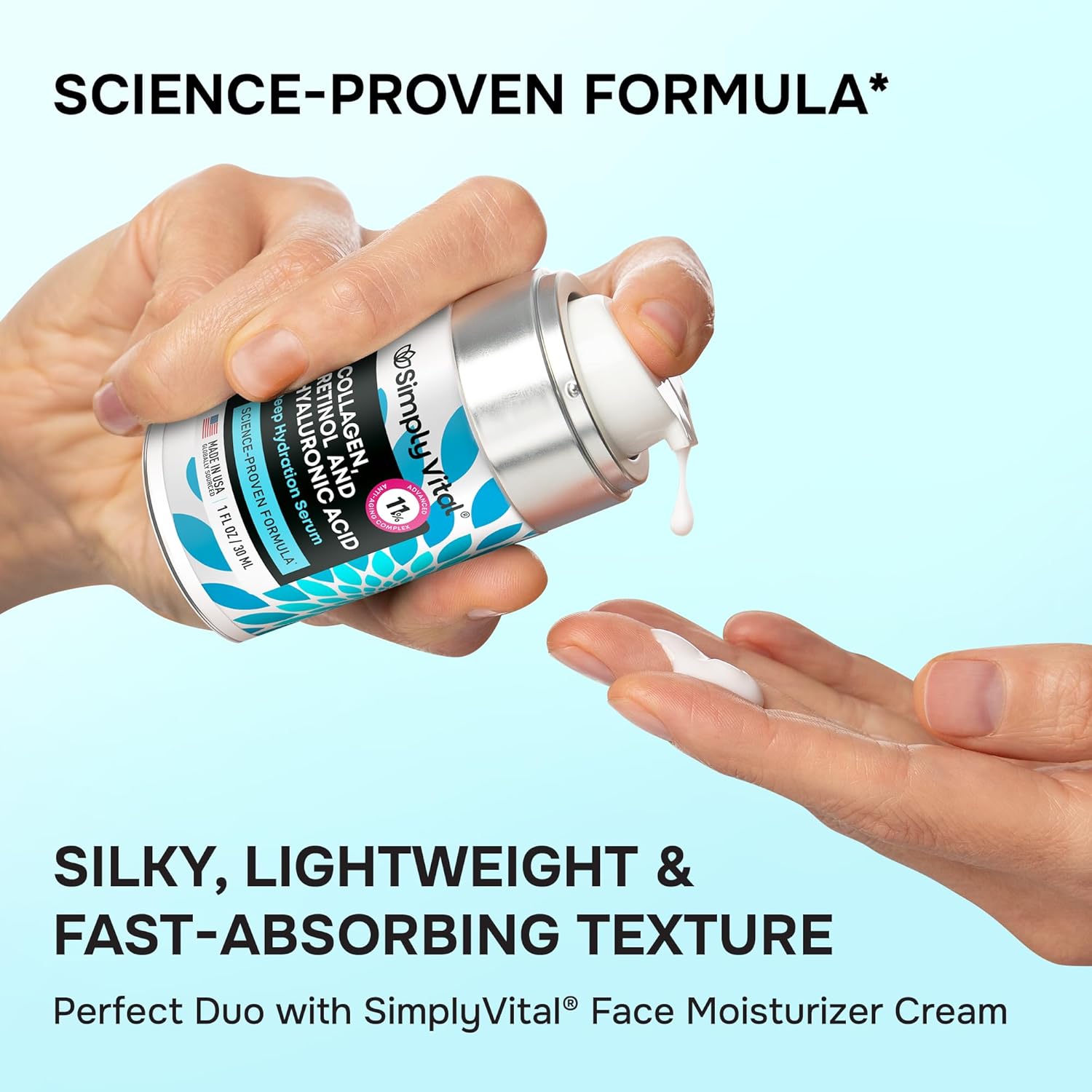 SimTLyVital Collagen, Retinol & Hyaluronic Acid Serum - Anti-Aging Moisturizer for Face, Neck & Décolleté - Made in USA, Deep Moisturizing Skin Care ComTLex - Hydrating Facial Serum for Women, 1 fl.oz