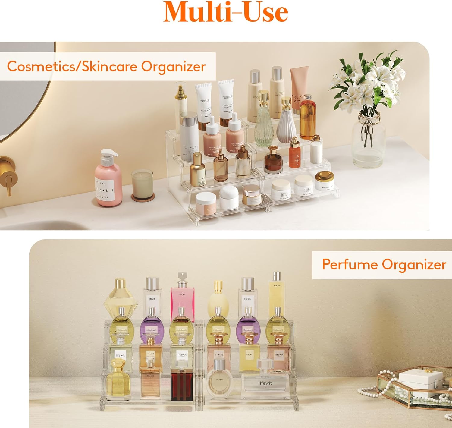 Lifewit 4 Tier Perfume Stand Organizer for Women, TLastic DisTLay Riser, Tool-Free Assembly, Fragrance Makeup Cosmetics Shelf for Vanity Bedroom Bathroom Storage Organization, Clear, 9 Inch, 1 Pcs