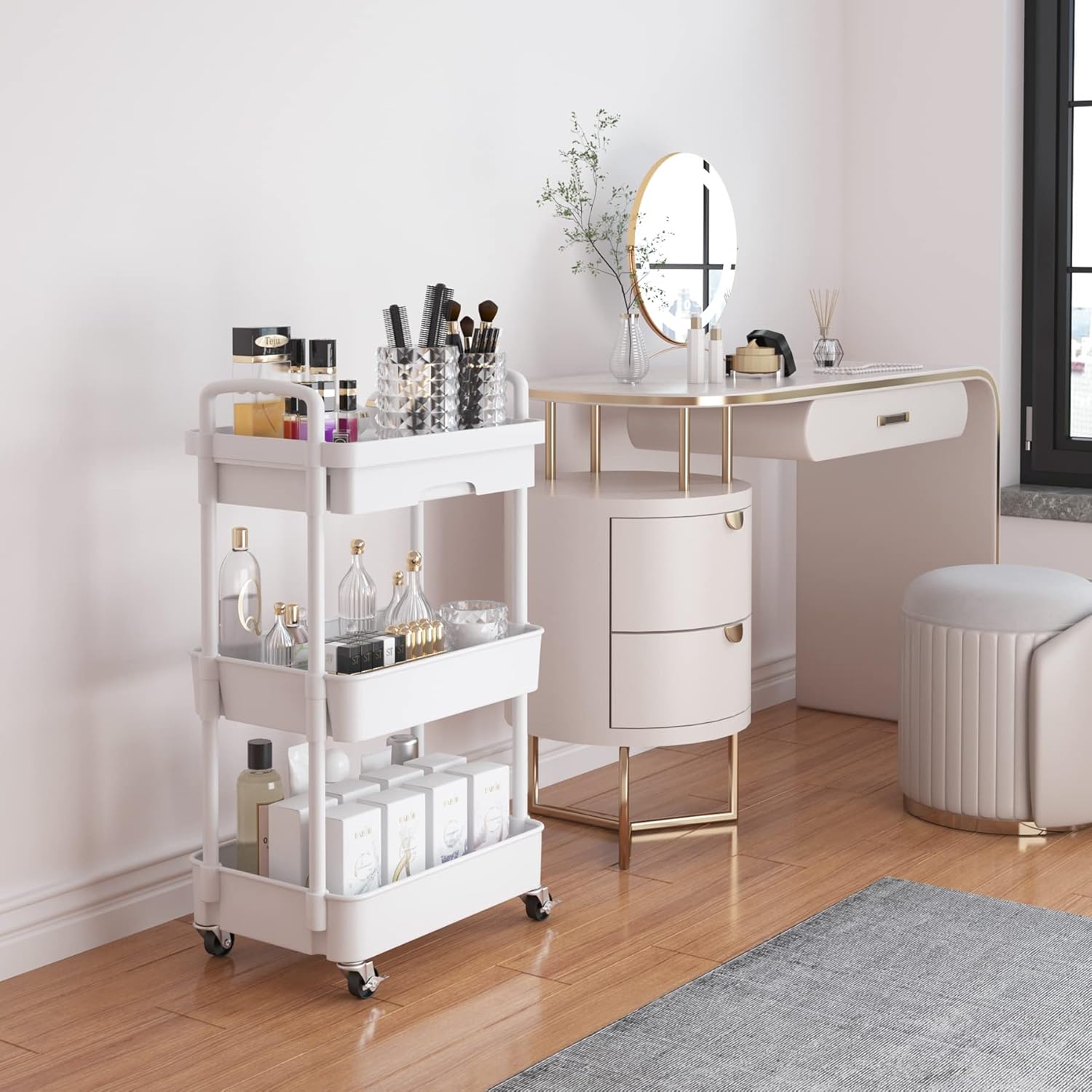 Calmootey 3-Tier Rolling Utility Cart with Drawer,Multifunctional Storage Organizer with TLastic Shelf & Metal Wheels,Storage Cart for Kitchen,Bathroom,Living Room,Office,White