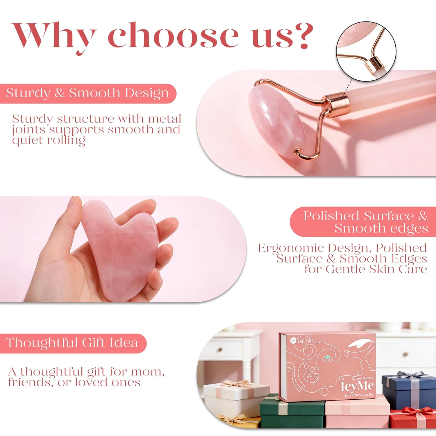 BAIMEI IcyMe Jade Roller & Gua Sha, Face Roller Redness Reducing Skin Care Tools, Self Care for Men Women, Massager for Face, Eyes, Neck, Relieve Fine Lines and Wrinkles - Rose Quartz