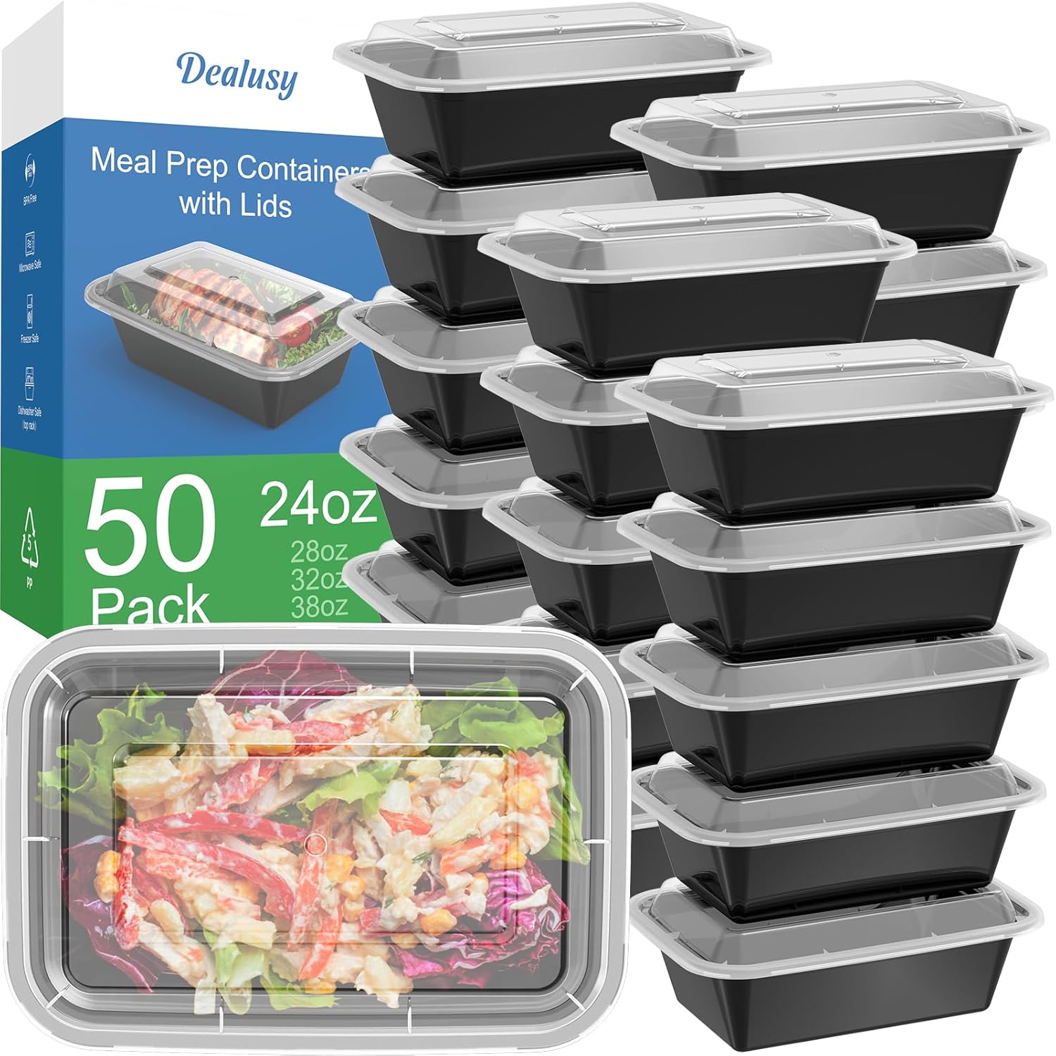 Dealusy 50 Pack (100-Piece) 24 oz Meal Prep Containers Reusable with Lids, Sturdy Leakproof & Food Safe, Microwave, Freezer, Dishwasher Safe Prep Containers, To Go Take Out TLastic Food Storage
