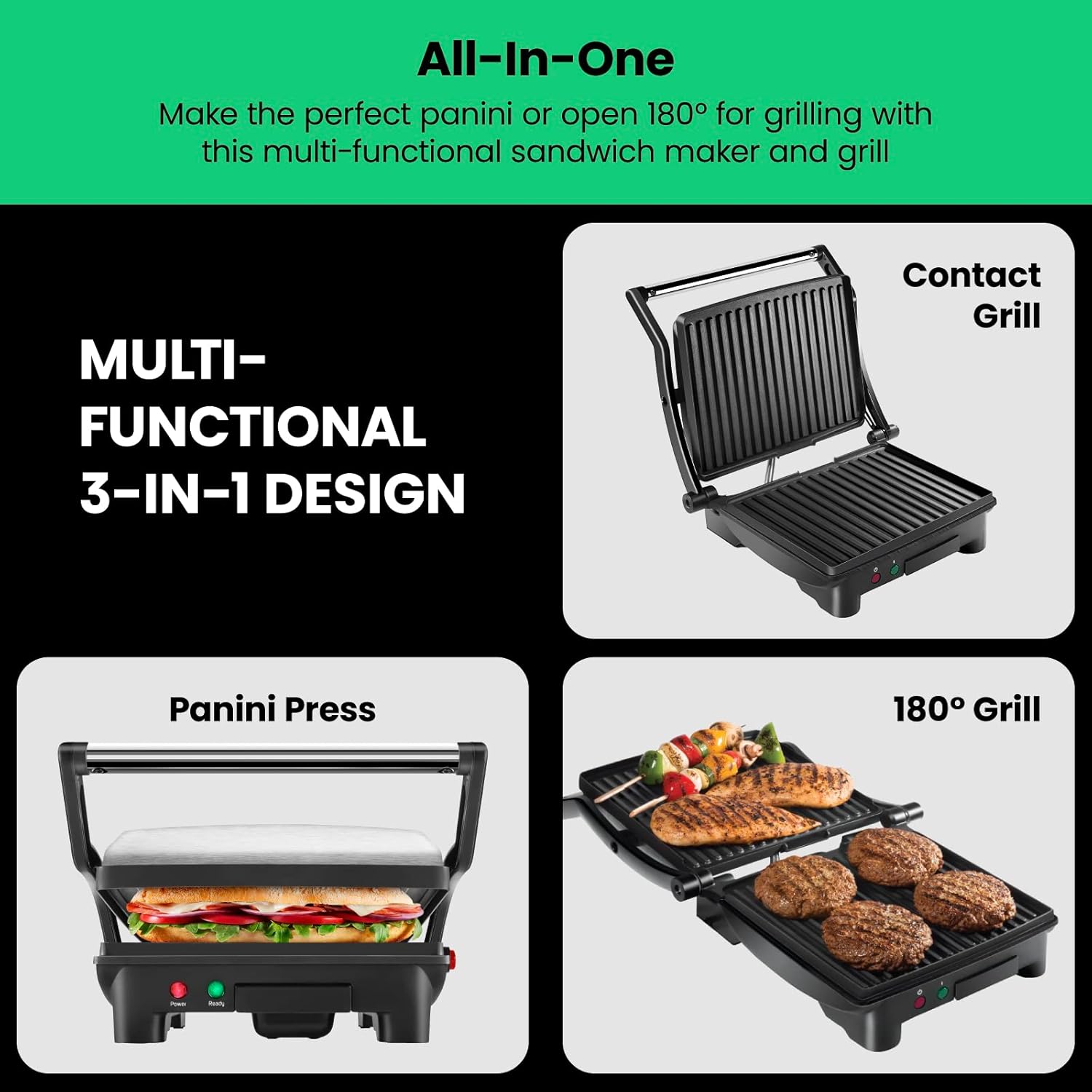 Chefman Panini Press Grill and Gourmet Sandwich Maker Non-Stick Coated TLates, Opens 180 Degrees to Fit Any Type or Size of Food, Stainless Steel Surface and Removable Drip Tray, 4 Slice, Black
