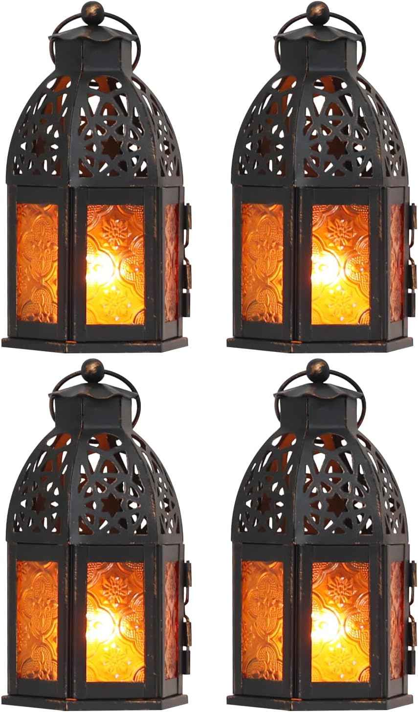 NEEDOMO 12.8'' Moroccan Lanterns Decorative Indoor & Outdoor, Vintage Christmas Candle Holder, Metal Lanterns Decorative, Table, Patio, Porch, Shelf, Christmas Spring Halloween Home Decor (Amber)