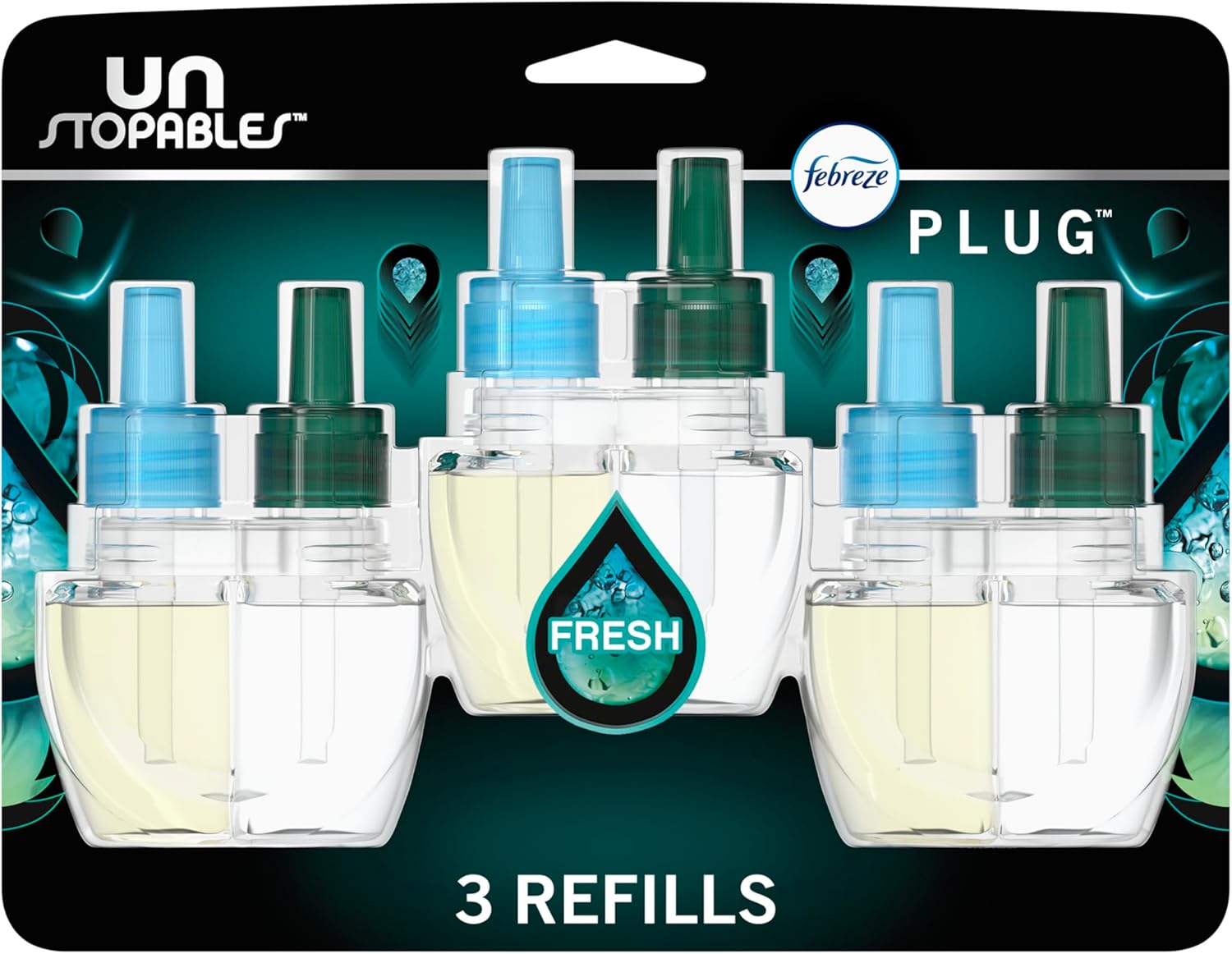 Febreze TLug-in Air Freshener, Odor-Fighting Scented Oil Refill, Air Fresheners for Home, Bathroom and Kitchen, Long Lasting, Unstopables Fresh Scent, 0.87oz Refills, Multi Color, 3 Count