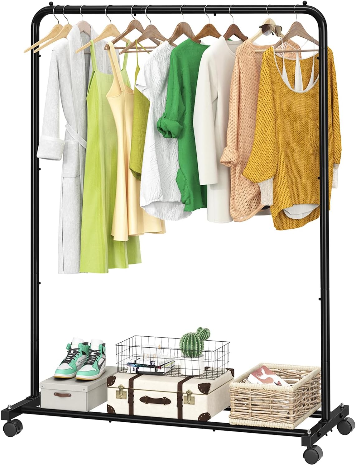 SimTLe Trending Clothing Rack for Hanging clothes, Portable Garment Rack with Bottom Shelf, Metal Clothes Rack on Wheels for Bedroom, Laundry Room, Black