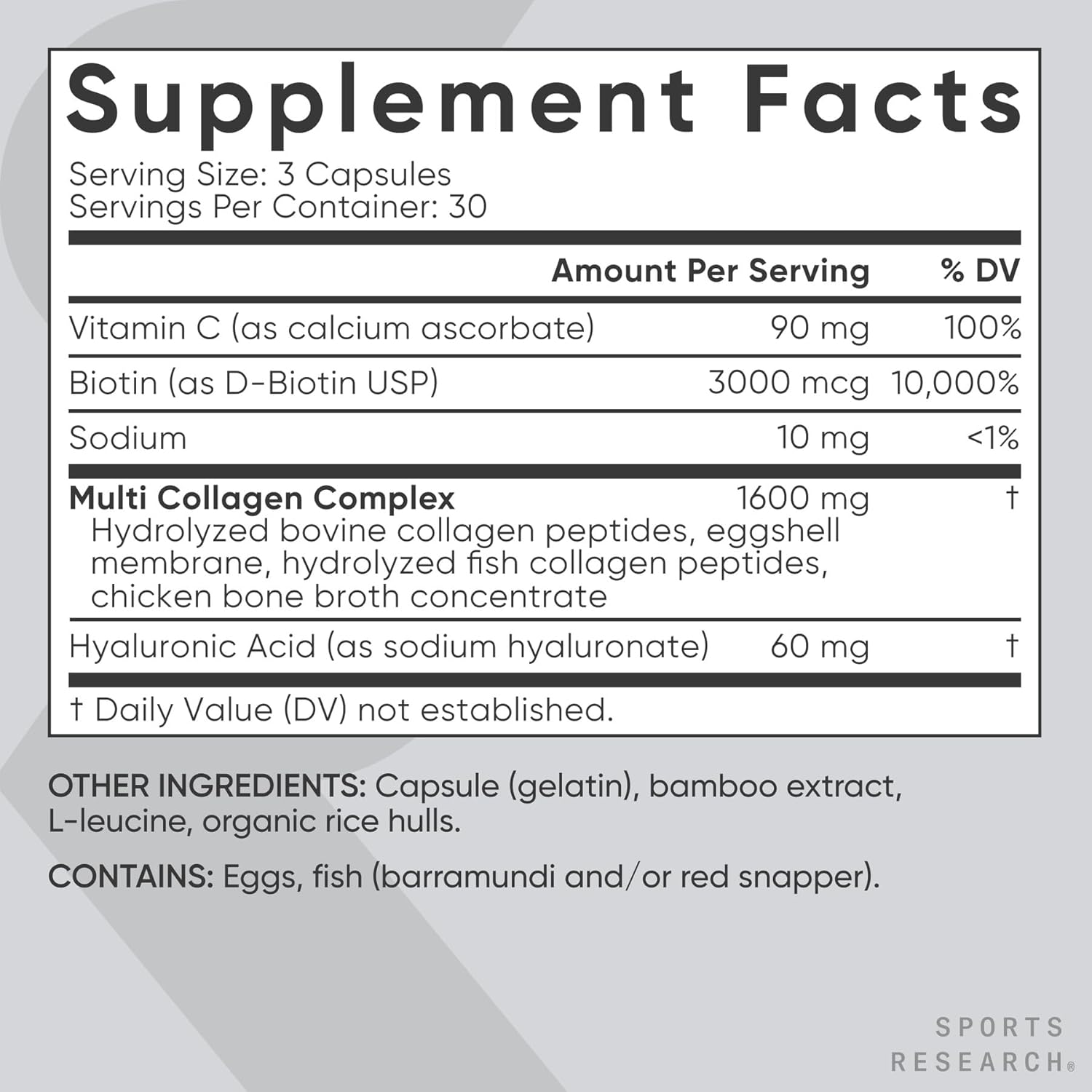 Sports Research® Biotin-Infused Collagen Peptides ComTLex with Hyaluronic Acid – 5 Multi Collagen Types for Hair, Skin & Joint Support* - Gluten Free · Non-GMO · 90 Capsules