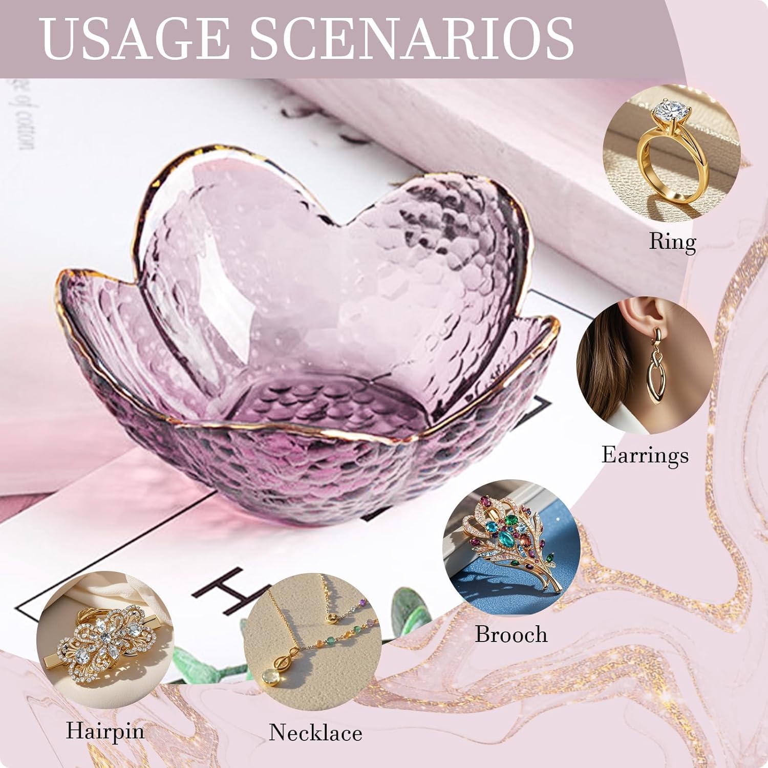 PurTLe Flower Jewelry Dish Glass Ring Holder Dish Jewelry Tray Cute Vanity Organizer Aesthetic Nightstand Bathroom Room Decor Trinket Dish Mothers Day Friendship Christmas Birthday Gifts for Women