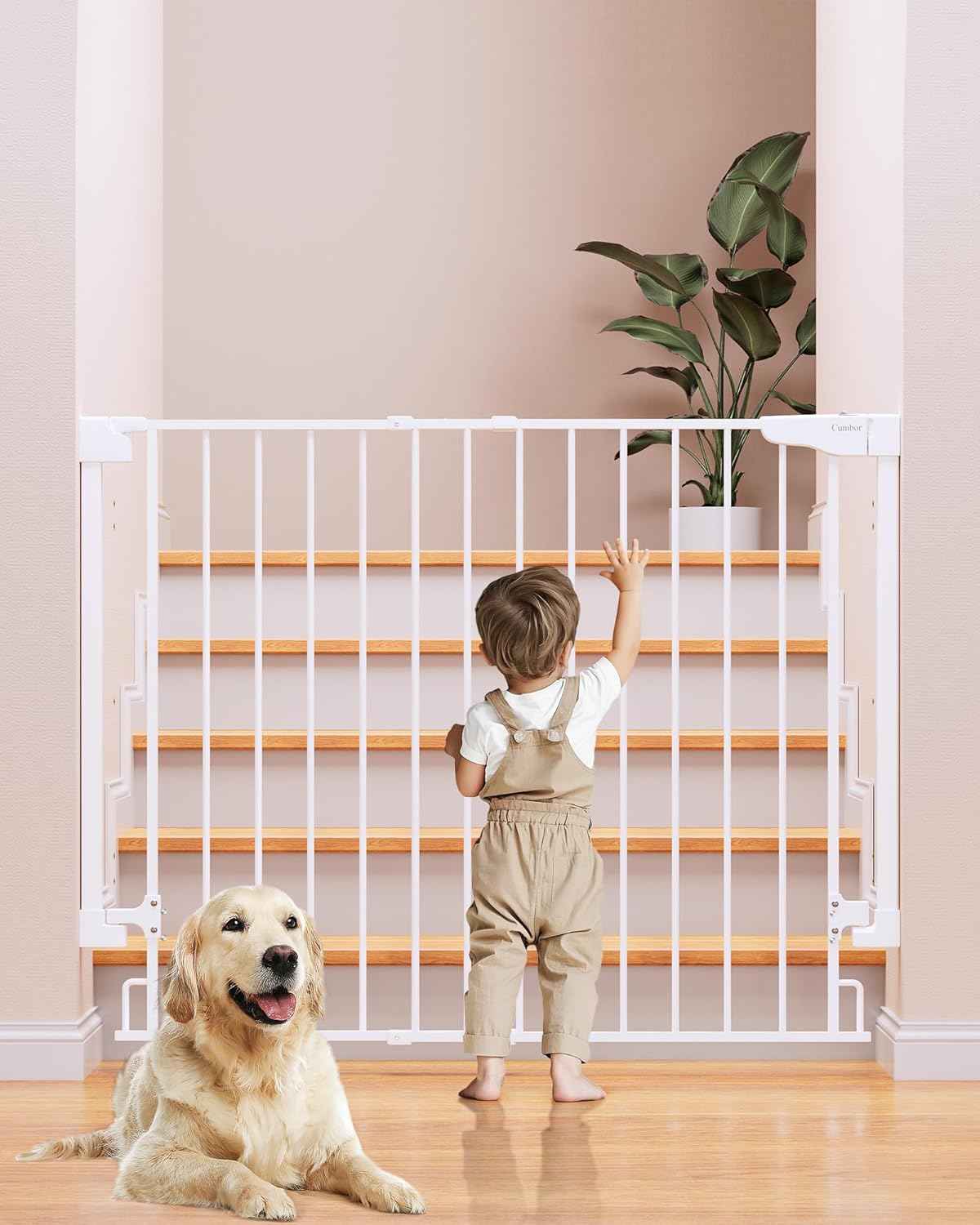 Cumbor 29.2–43" Baby Gate for Stairs, Wall-Mounted (Drill Required), Expandable No Bottom Bar Dog Gate, Auto Close Extra Wide Walk Thru, Pet & Toddler Proof Gate, Top & Bottom of Stairways (White)