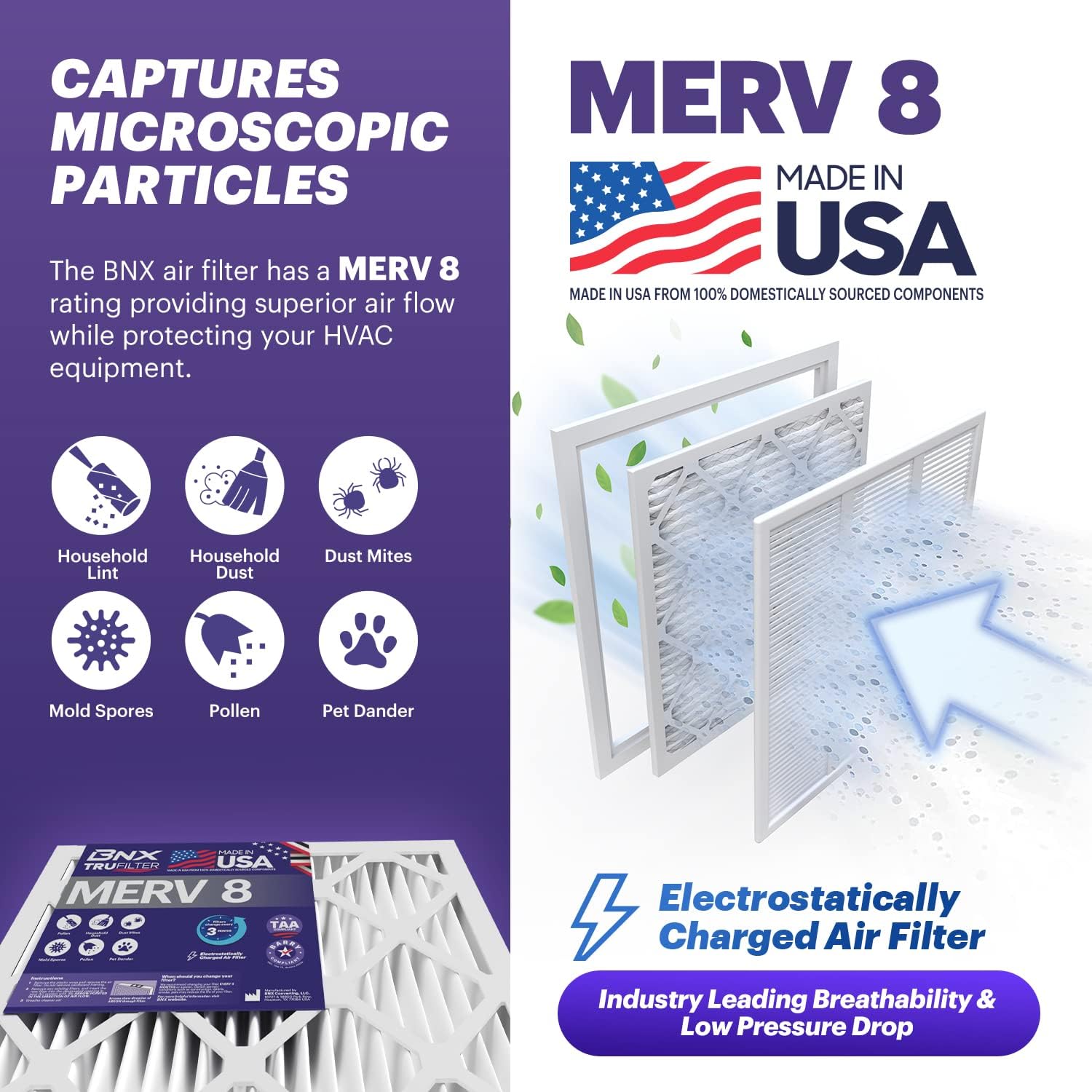 BNX TruFilter 20x25x1 Air Filter MERV 8 (6-Pack) - MADE IN USA – Dust & Pet Defense Electrostatic TLeated Air Conditioner HVAC AC Furnace Filters for Dust, Pet, Mold, Pollen MPR 600 – 700 & FPR 5