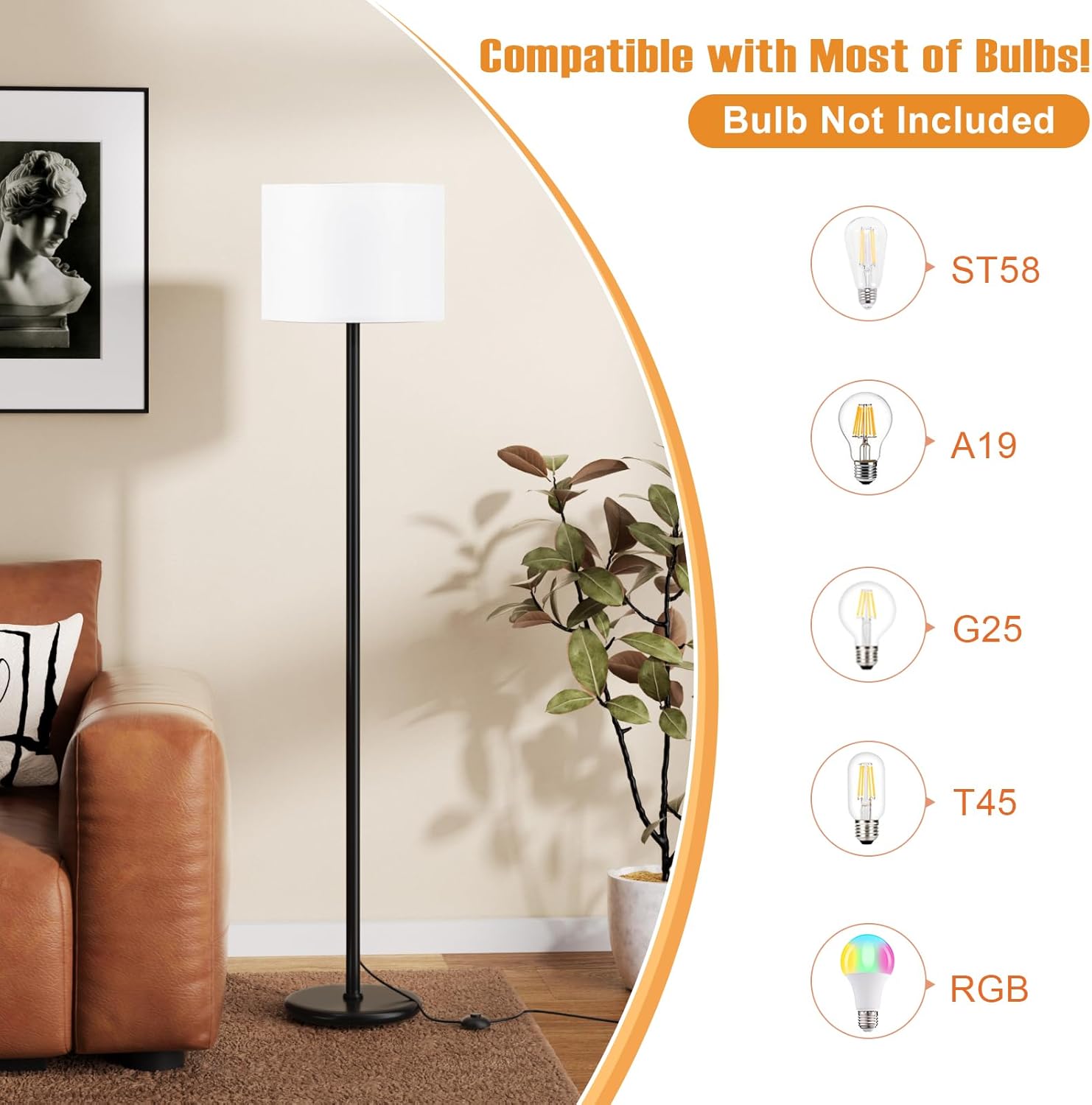 Modern Floor Lamp SimTLe Design with White Shade, Foot Pedal Switch, 60" Small Tall Lamps for Living Room Bedroom Office Dining Room Kitchen, Black Pole Lamp(Without Bulb)