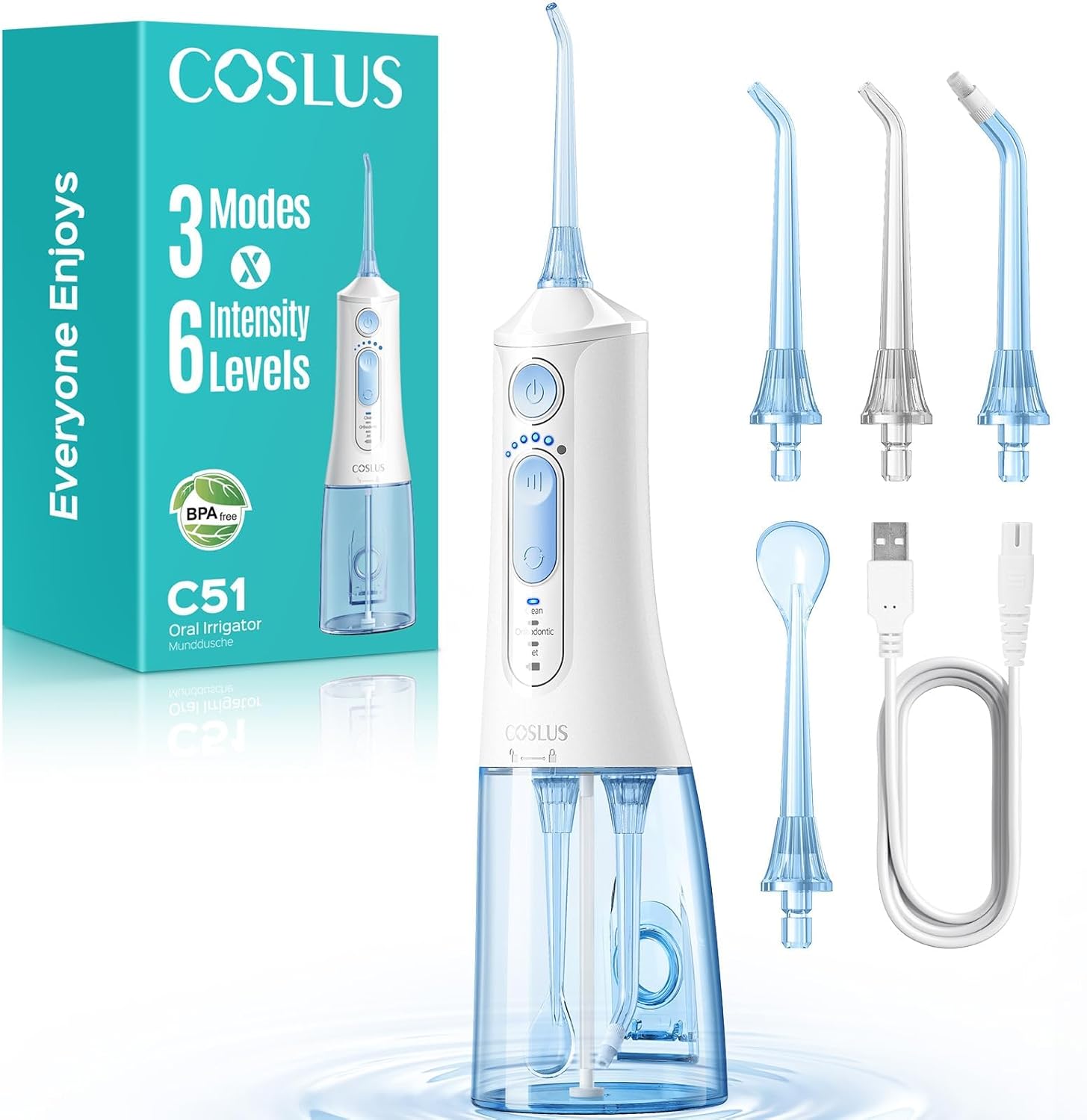 COSLUS C51 Portable Water Flosser for Teeth: 3 Modes & 6 Pressure Settings with Jet Mode Water Dental Pick for Orthodontic, Braces, Sensitive Gums, Compact for Travel, 300ML for MultiTLe Users, White