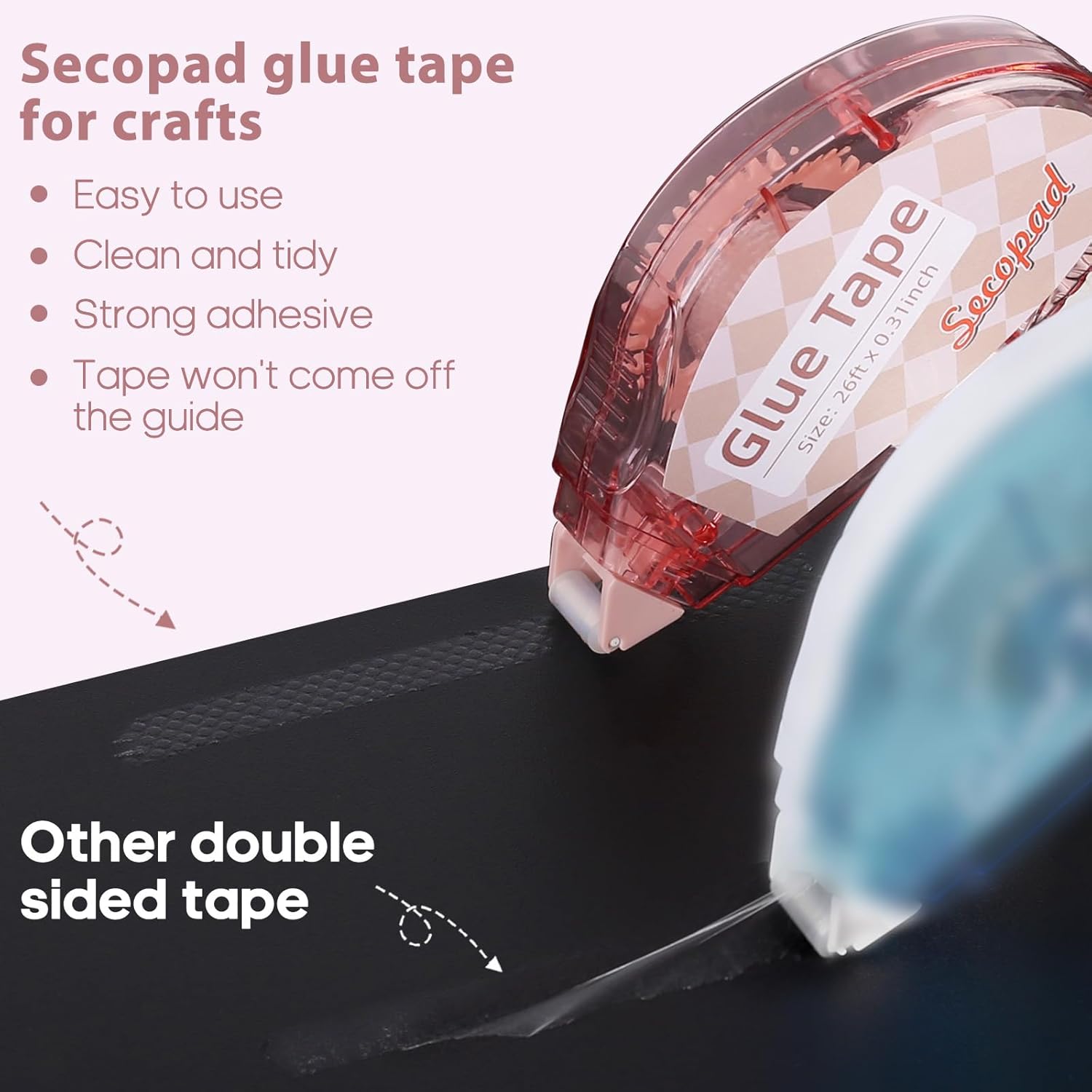 Secopad Scrapbook Tape, 4 Pack Double Sided Tape Roller for Crafts, Adhesive Glue Runner Scrapbooking SupTLies Journaling School Office Teacher SupTLies, 0.3IN x 26FT, Clear Light-Colored Shell
