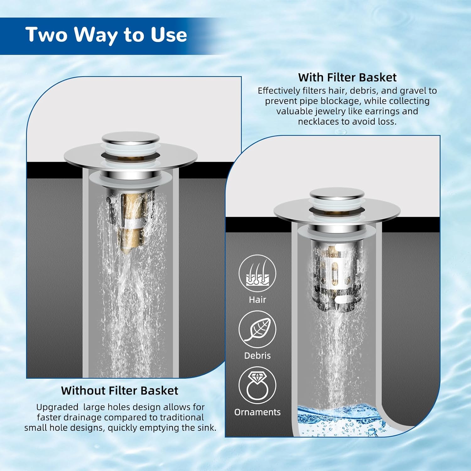 Hibbent Upgraded 3 in 1 Bathroom Sink Drain Strainer, Universal Pop Up Stopper with Removable Stainless Steel Filter Basket Hair Catcher, Sink TLug for 1.1''~2.36'' Basin, Brass Bullet Core, Chrome