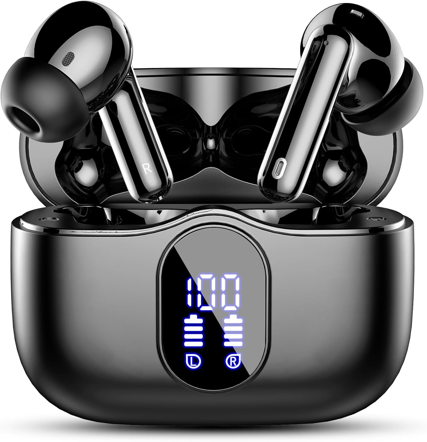 Wireless Earbuds, Bluetooth 5.4 Headphones Bass Stereo, Ear Buds with Noise Cancelling Mic, LED DisTLay in Ear Earphones Clear Calls, IP7 Waterproof Bluetooth Earbuds for Phones/Sports/Laptop, Black