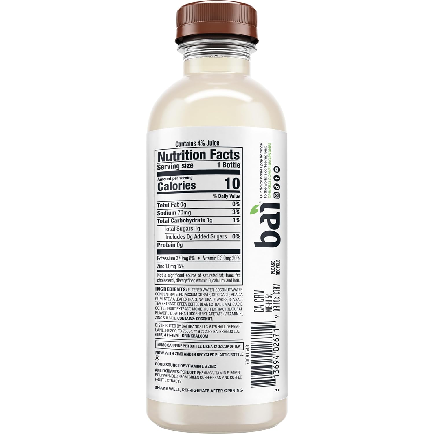 Bai Antioxidant Infused Water Beverage, Molokai Coconut, with Vitamin C and No Artificial Sweeteners, 18 Fluid Ounce Bottle, 12 Pack