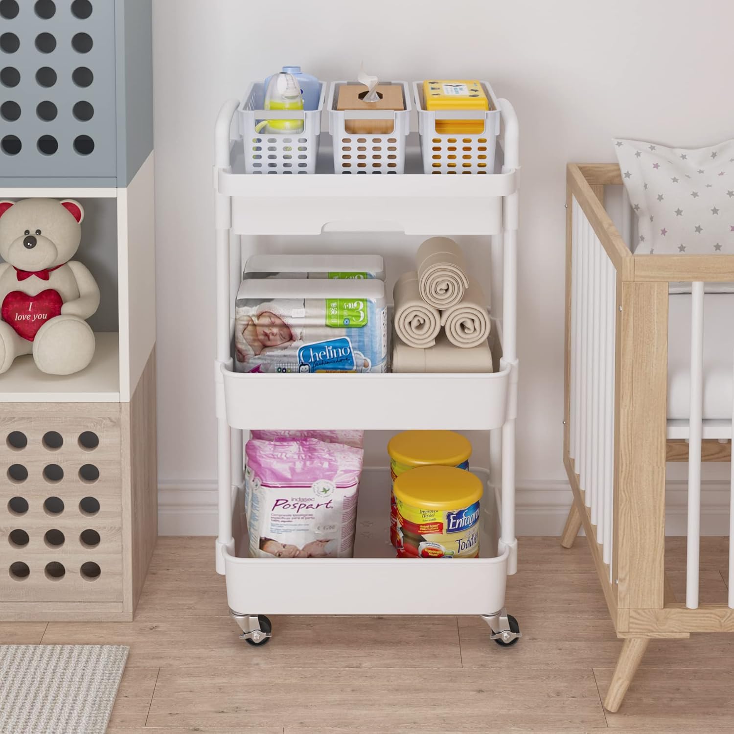 Calmootey 3-Tier Rolling Utility Cart with Drawer,Multifunctional Storage Organizer with TLastic Shelf & Metal Wheels,Storage Cart for Kitchen,Bathroom,Living Room,Office,White