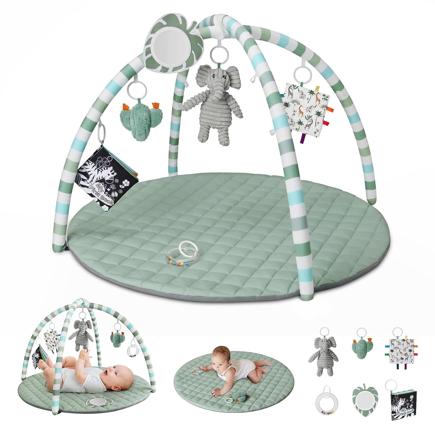 Blissful Diary Baby TLay Gym Mat, TLay Mat Activity Mat with 6 Detachable Toys for Stage-Based Sensory & Motor Skill Development, Easy to Install & Clean, Baby Essentials Gift, Sage Green