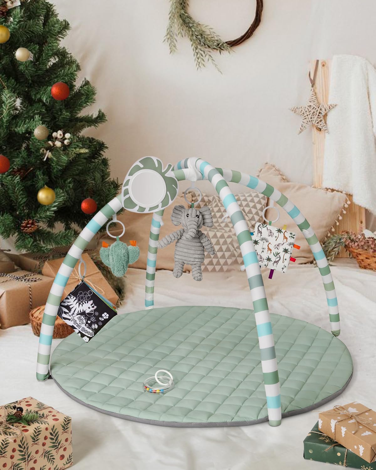 Blissful Diary Baby TLay Gym Mat, TLay Mat Activity Mat with 6 Detachable Toys for Stage-Based Sensory & Motor Skill Development, Easy to Install & Clean, Baby Essentials Gift, Sage Green