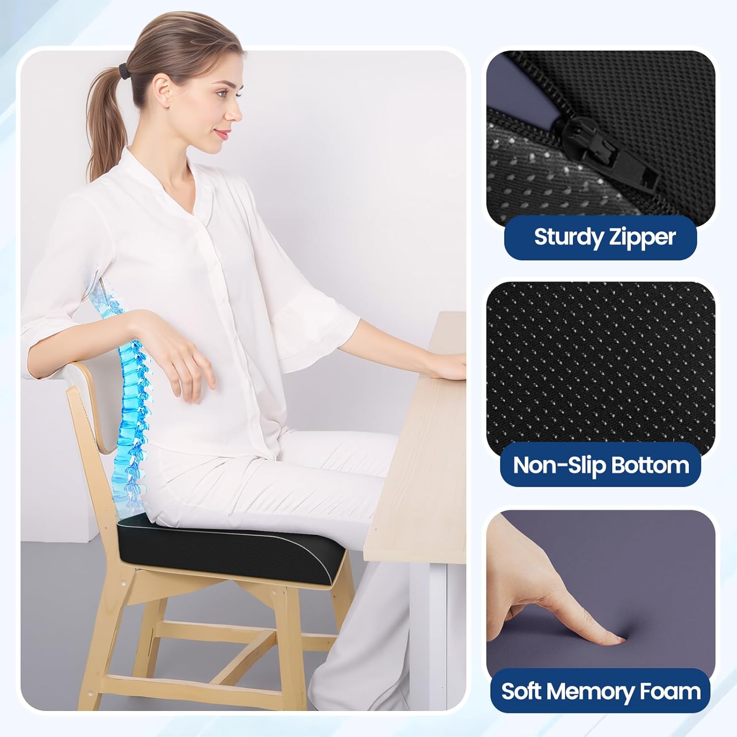 SweetSlubr Seat Cushion for Tailbone Pain Relief, Office Chair Cushion, Memory Foam Large Cushion with Non-Slip Cover for Soft Support at Office Chair, Car Seat, AirTLane, Floor Pillow, Black/Large